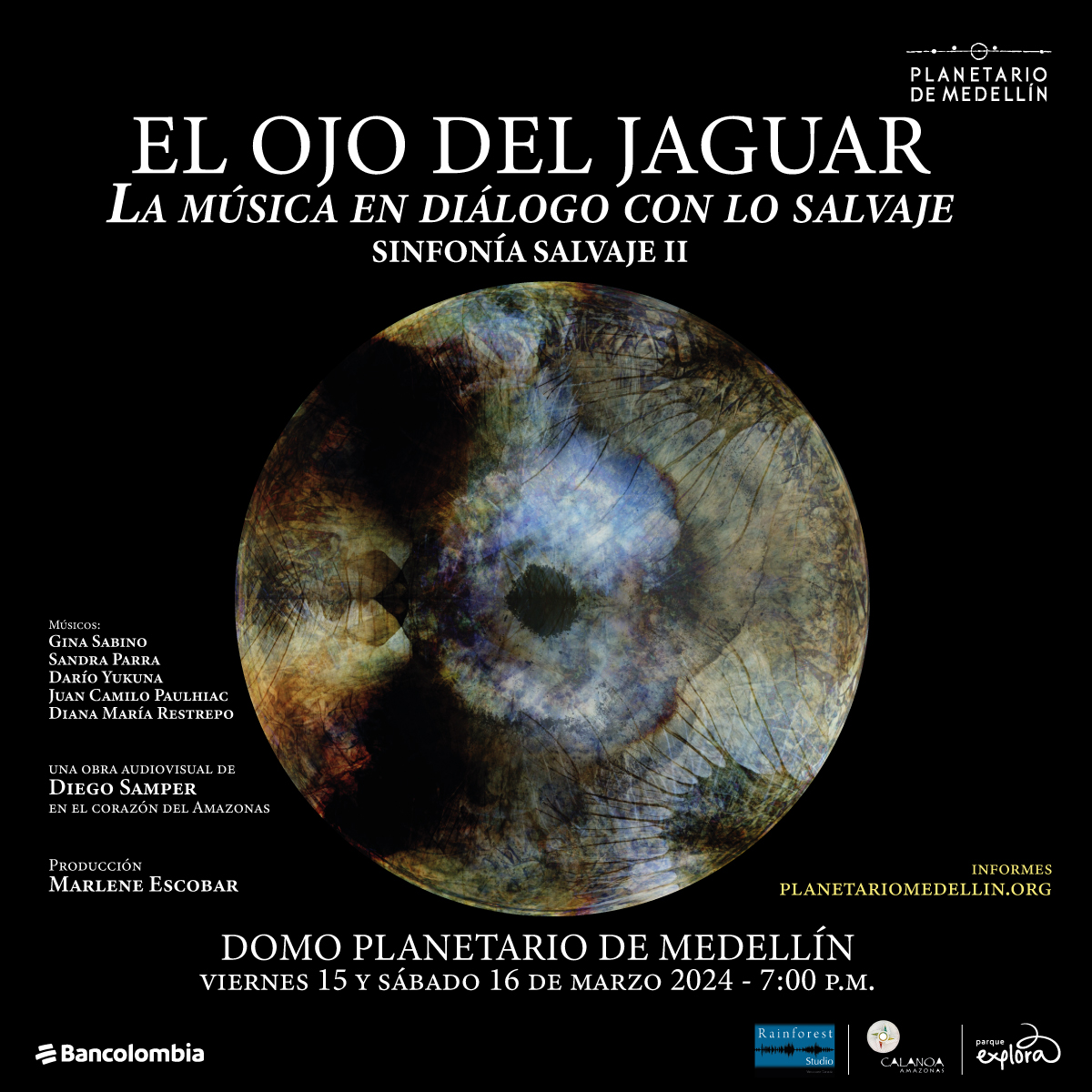 Sobre un fondo negro, en el centro de la imagen un círculo con formas abstractas que reúne diferentes texturas y se asemeja a un ojo. Sobre la imagen, en la parte superior hay texto que dice: "El ojo del jaguar, la música en diálogo con lo salvaje. Sinfonía salvaje 2". En la parte inferior izquierda texto que ice: "Músicos: Gina Sabino, Sandra Parra, Darío Yukuna, Juan Camilo Paulhiac, Diana María Restrepo. Una creación audiovisual de Diego Samper hecha en el corazón del Amazonas. Producción: Marlene Escobar". En la parte inferior derecha texto que dice: "entrada libre con inscripción en planetariomedellin.org". Y en la parte inferior central texto que dice: "Domo planetario de Medellín. Viernes 15 y sábado 16 de marzo del 2024 a las siete de la noche"