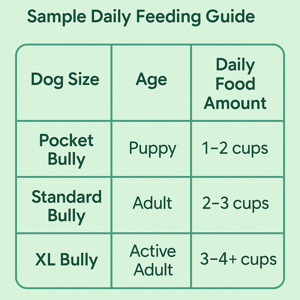 infographic of american bully feeding guide by age and daily food amount