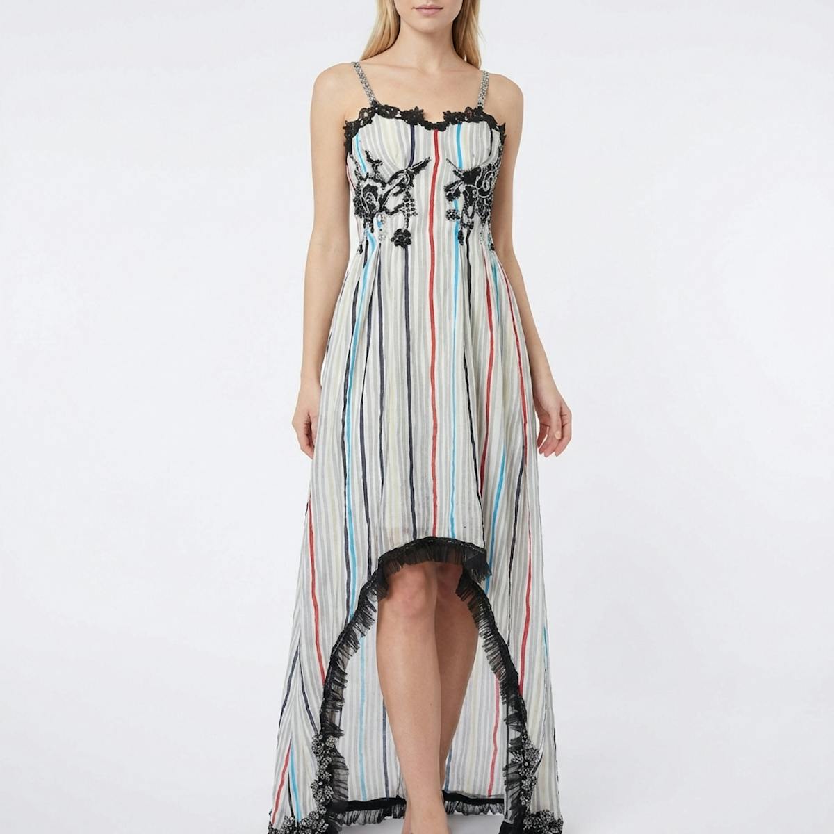 Rainbow linen upcycled lace gown hi low