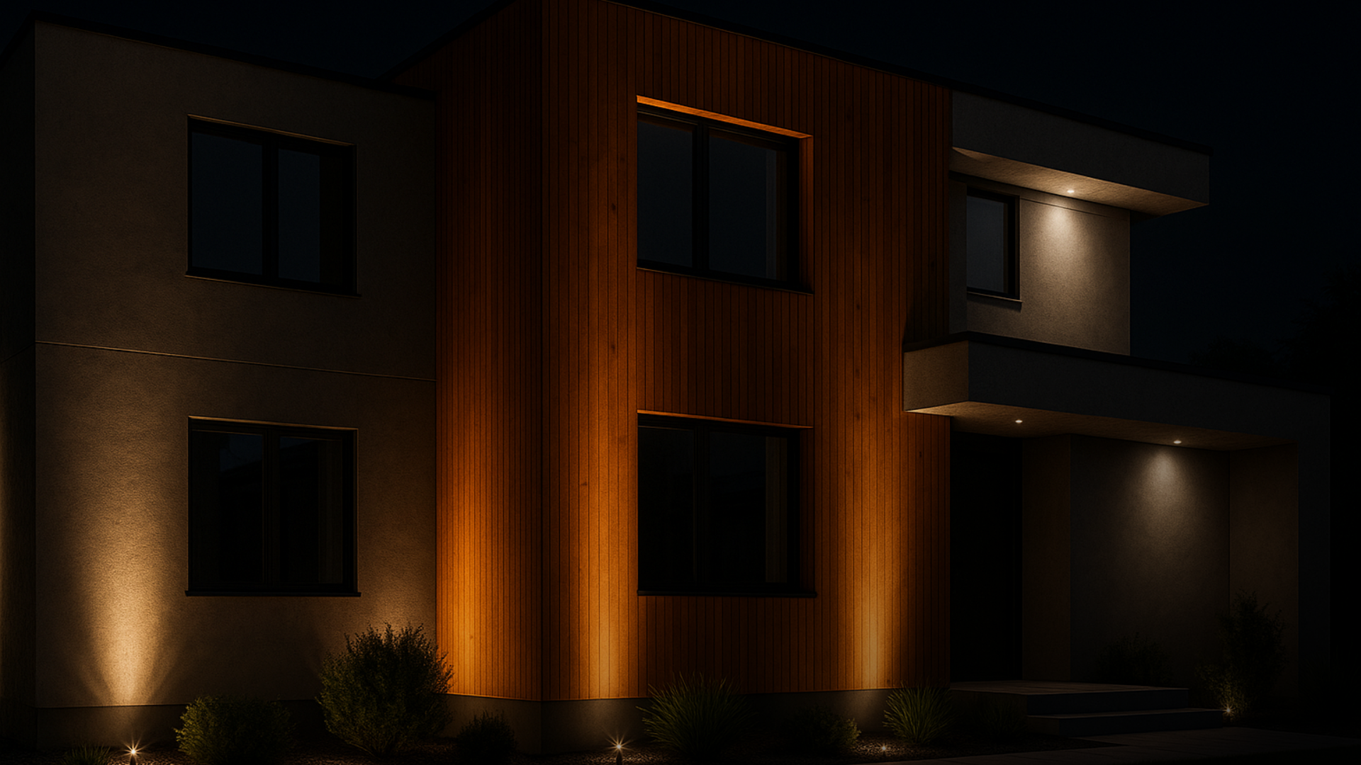 Fachada à noite com luz quente no marrom e neutra no cinza.