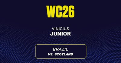 Vinicius Junior's predicted stats vs. Scotland, including anytime goal projection
