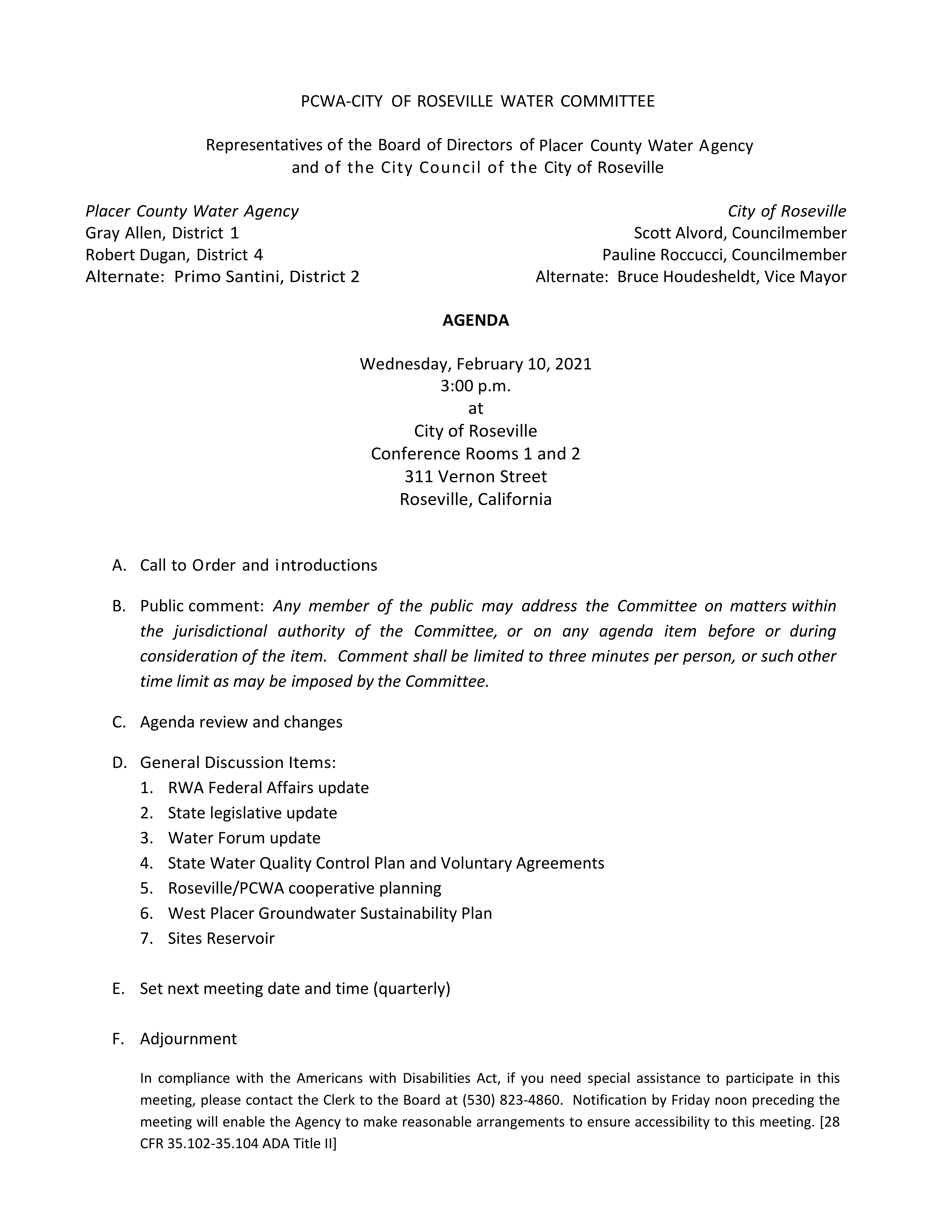 Board Agendas document image for 2021-02-10-PCWA-City-of-Roseville-Water-Committee-Agenda - page 1/1