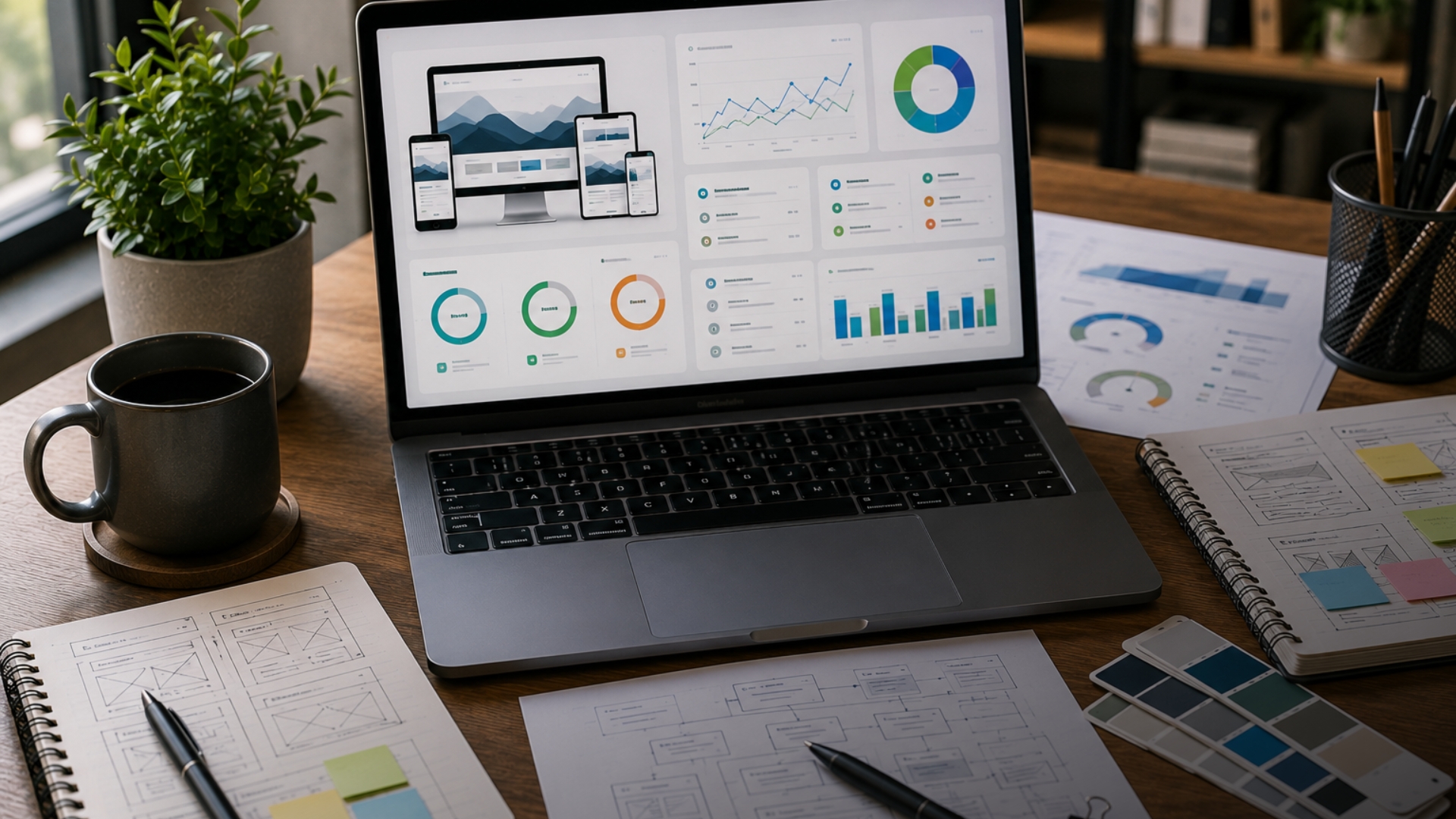 Análise técnica de site profissional com indicadores de velocidade, SEO, responsividade e conversão