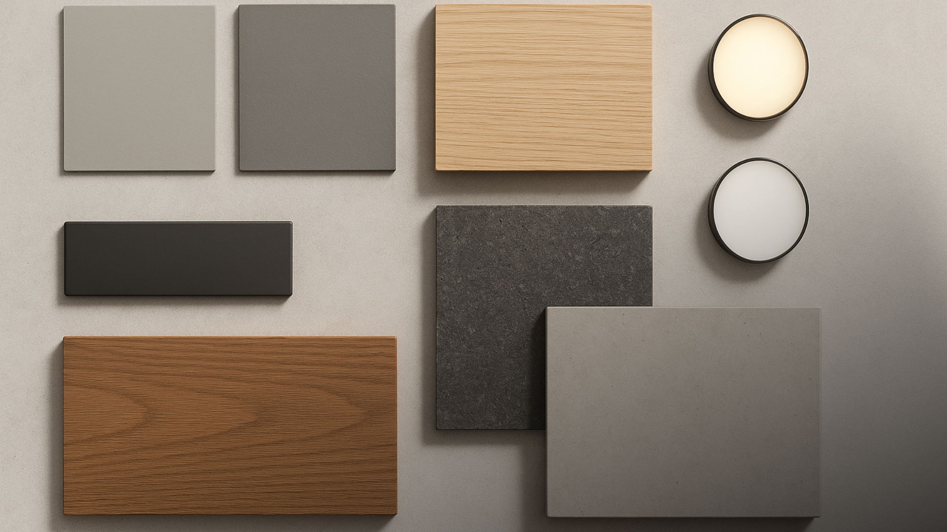Prancha com amostras de cinza, madeira e pedra para composição de fachadas.