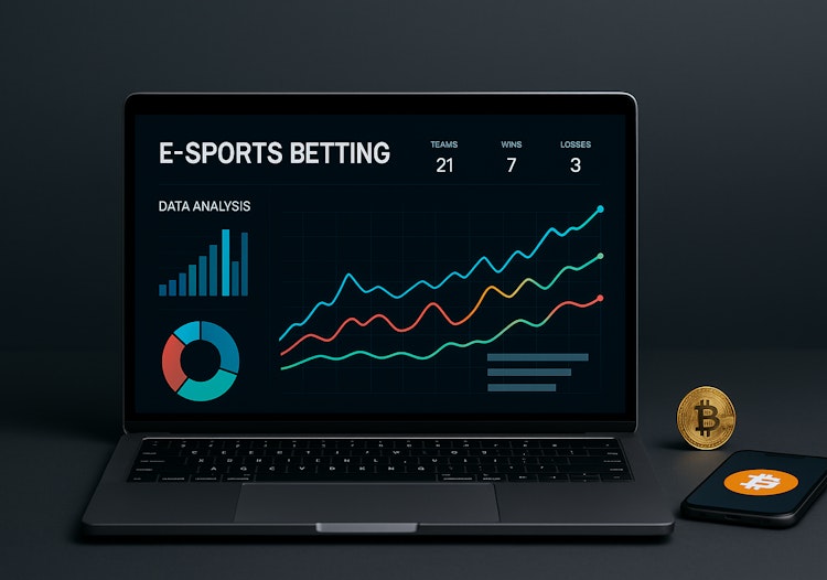 Laptop displaying esports betting analytics with charts, alongside a smartphone and a Bitcoin coin.