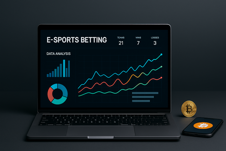 Laptop displaying esports betting analytics with charts, alongside a smartphone and a Bitcoin coin.