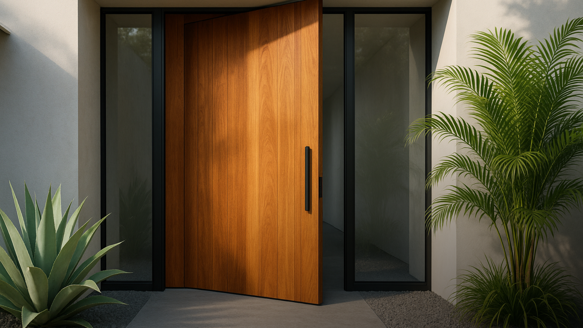Acesso com porta de madeira, esquadrias grafite e paisagismo verde.
