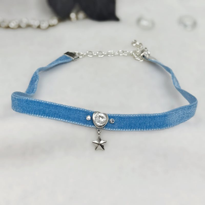 Blue Thin Velvet Choker with rhinestone heart and star charm - alternate view