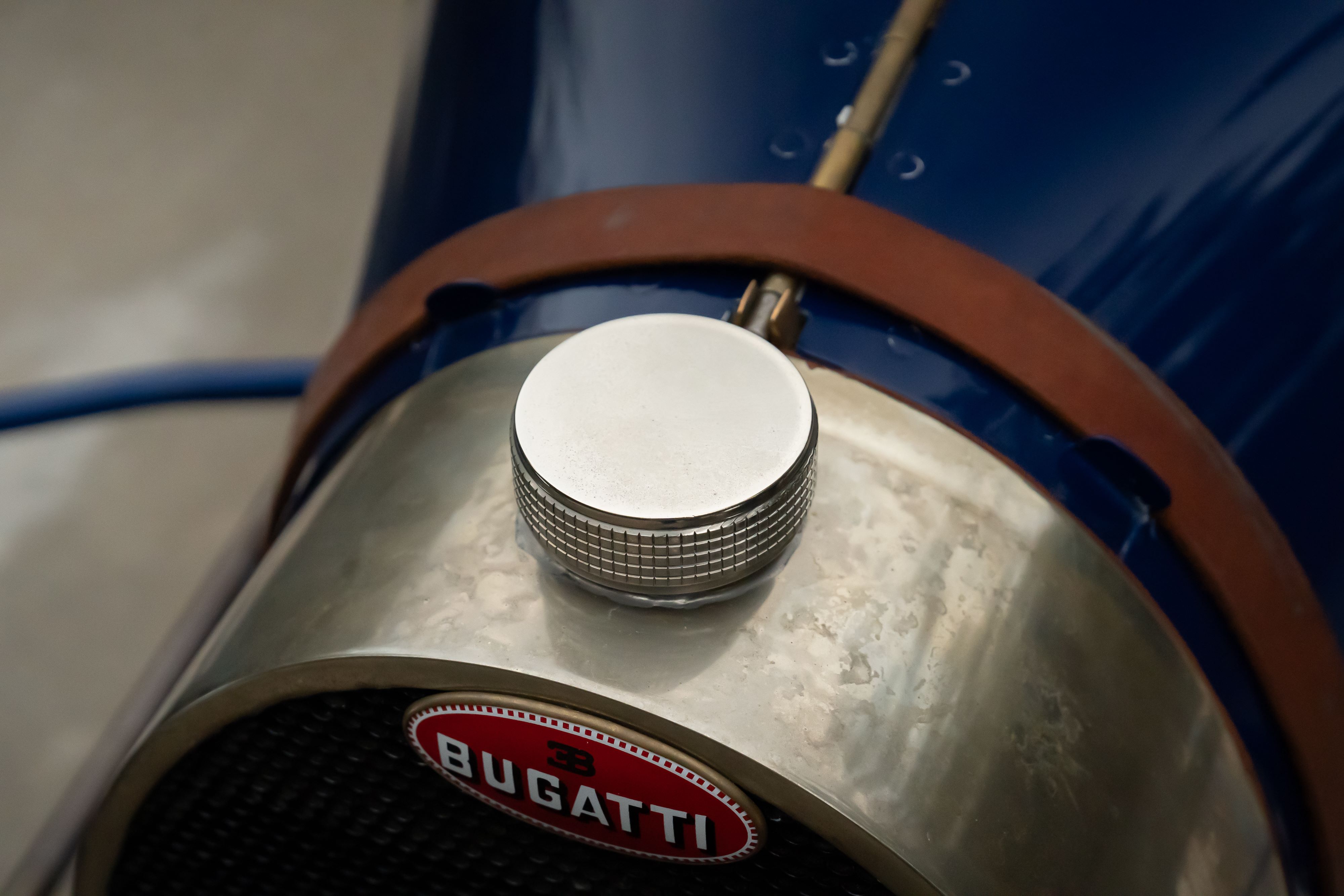 Coolant cap on a Pur Sang Bugatti Type 35 in Blue over Brown shot in Austin, TX.