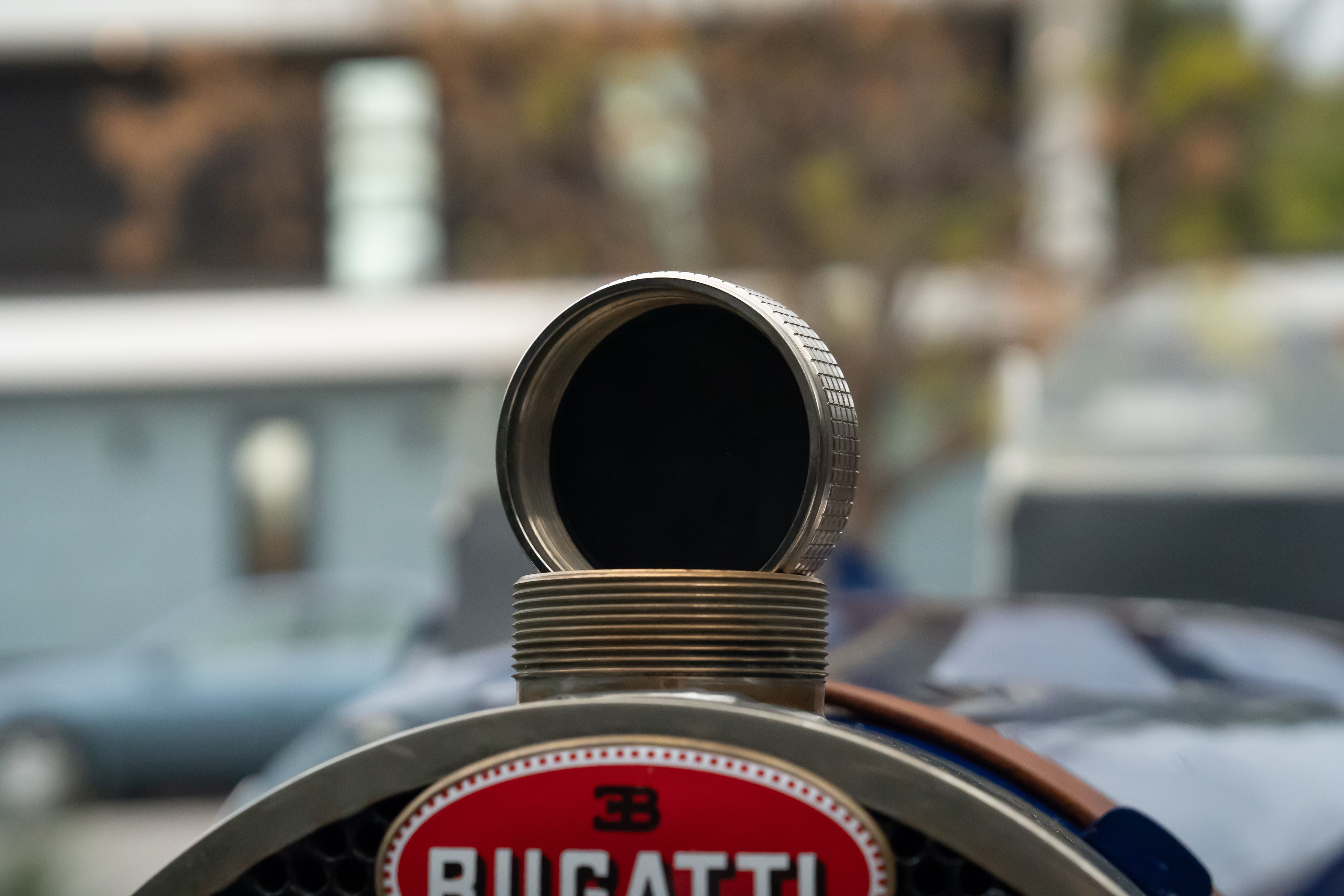 Coolant cap on a Pur Sang Bugatti Type 35 in Blue over Brown shot in Austin, TX.