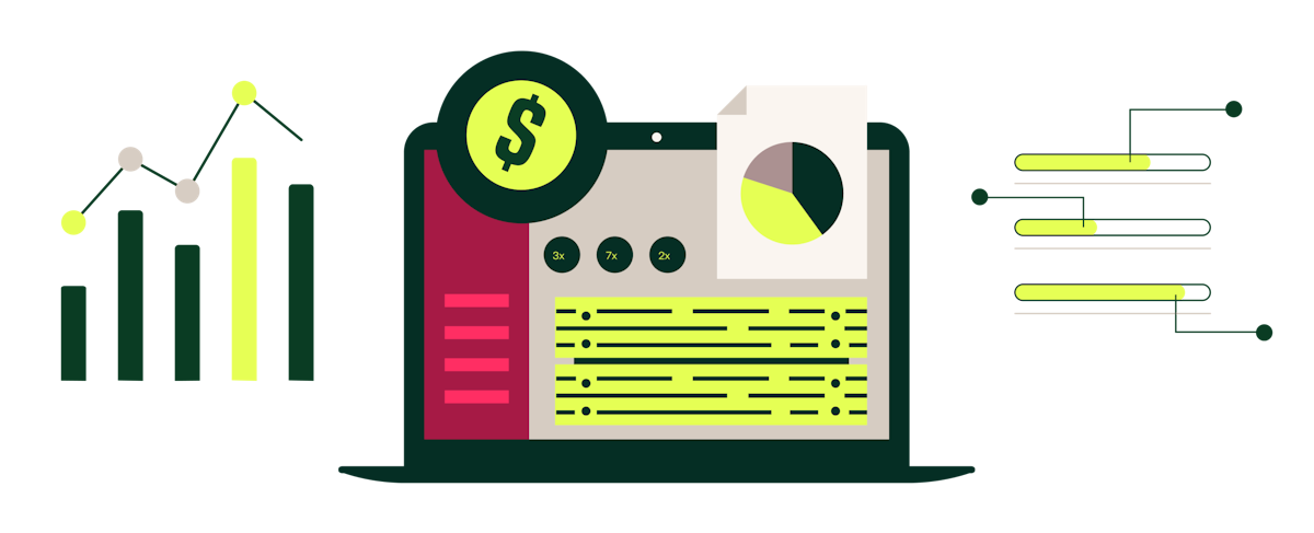 Illustrations of cash flow graphs and a computer that shows business financial KPIs