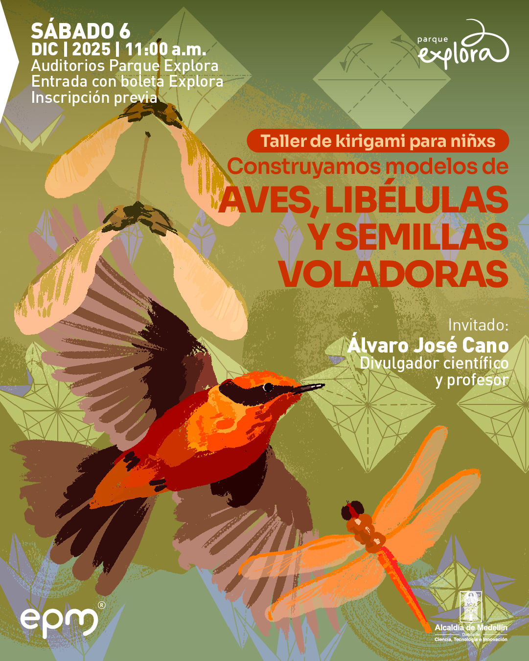 Ilustración. Sobre un fondo verde con figuras geométricas que simulan pliegues de papel, se observan un ave de plumaje anaranjado y café en pleno vuelo, una libélula de tonos naranjas y dos semillas aladas que descienden lentamente. En la parte superior izquierda aparece el texto: «Sábado seis de diciembre de dos mil veinticinco a las once de la mañana. Auditorios Parque Explora. Entrada con boleta Explora. Inscripción previa». En la parte central, dentro de una franja redondeada: «Taller de kirigami para niñxs». Debajo: «Construyamos modelos de aves, libélulas y semillas voladoras». En la zona derecha se lee: «Invitado: Álvaro José Cano Divulgador científico y profesor».