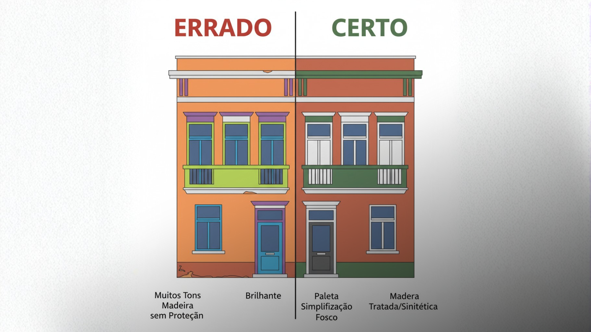 Comparativo de acertos e erros em fachada marrom e cinza.