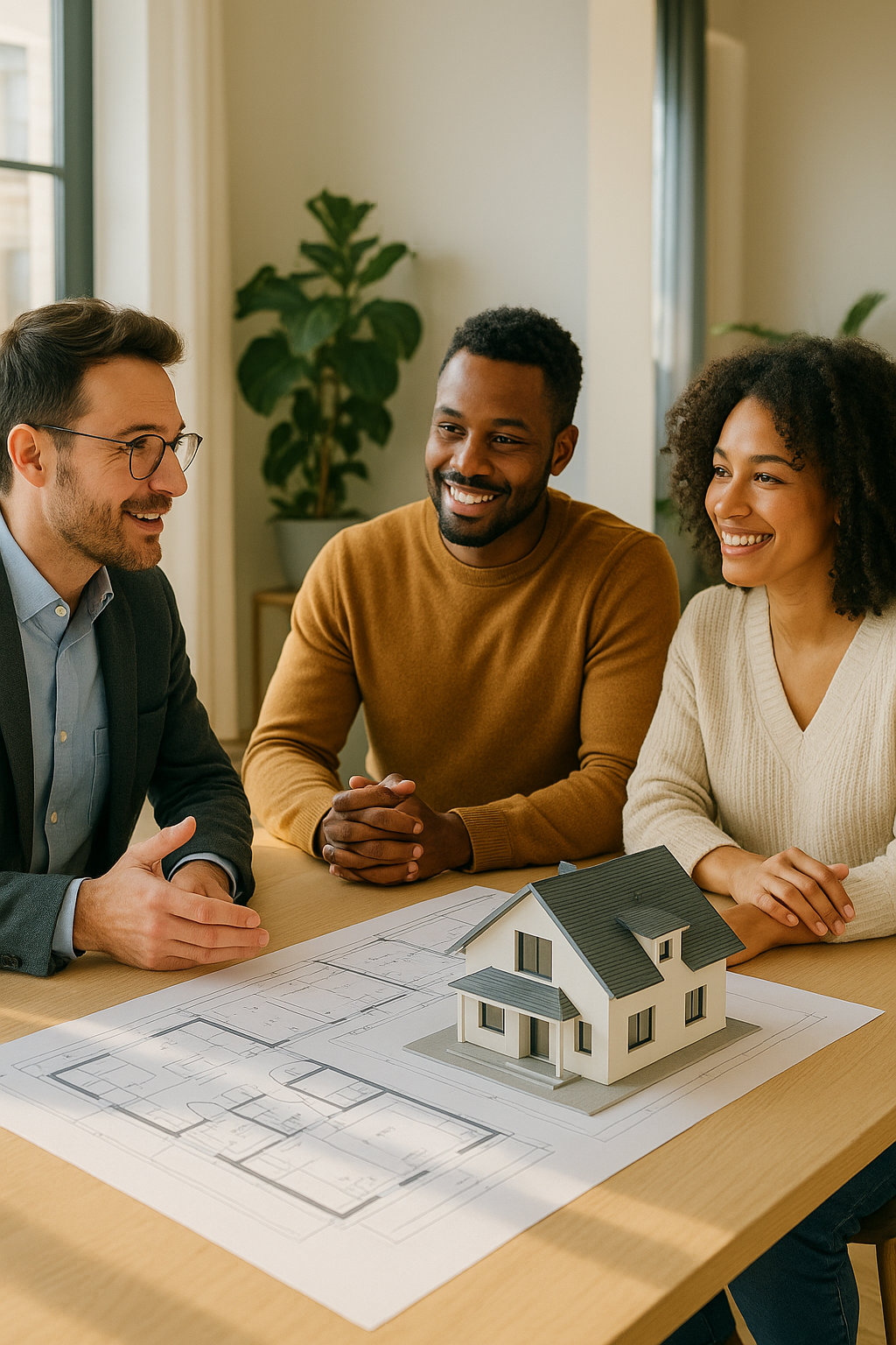 Arquiteto e clientes analisando plantas e imagens 3D de um projeto em um escritório moderno e bem iluminado.