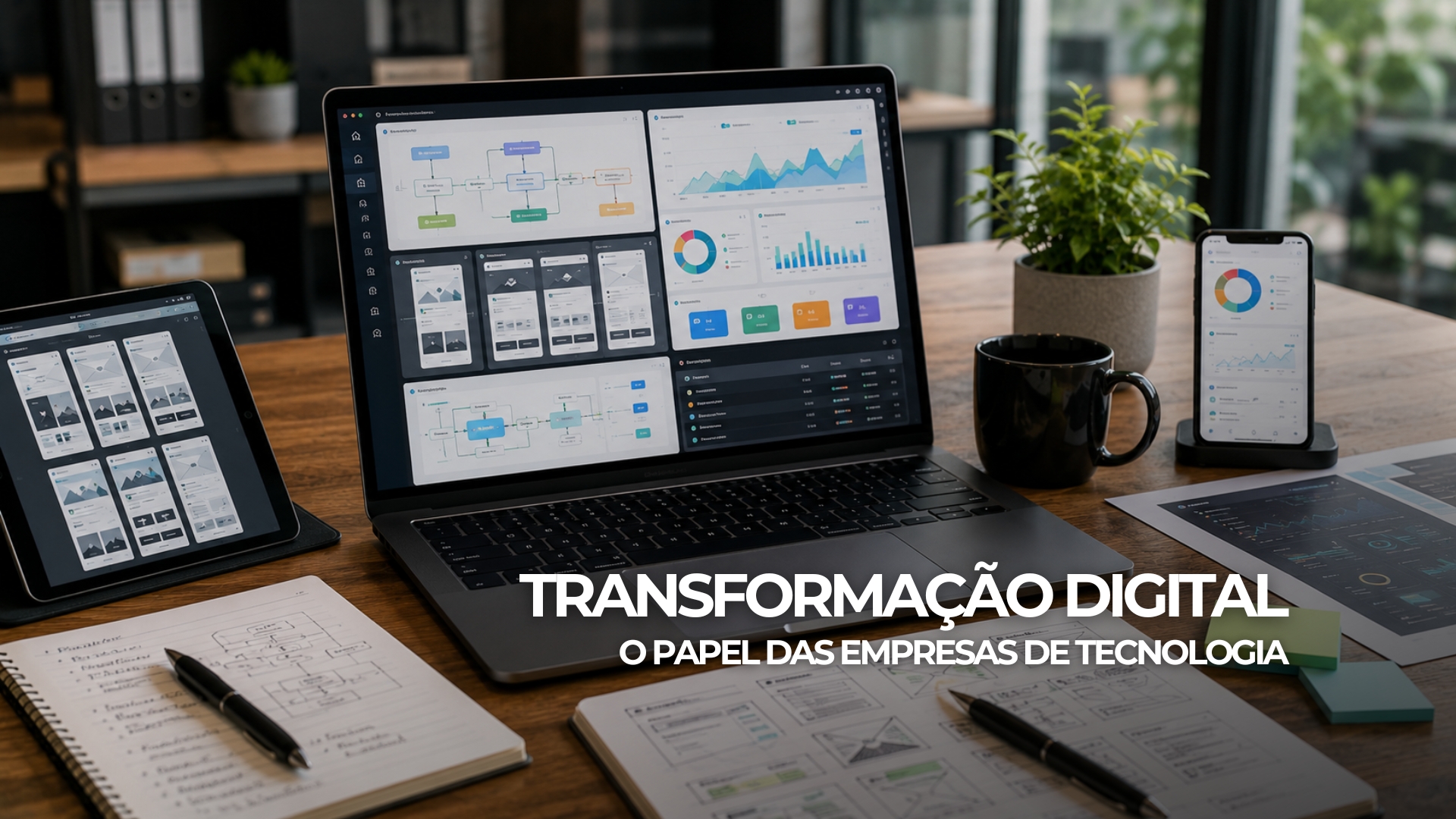 Banner sobre transformação digital com sistemas integrados, site profissional, automação, análise de dados e marketing digital