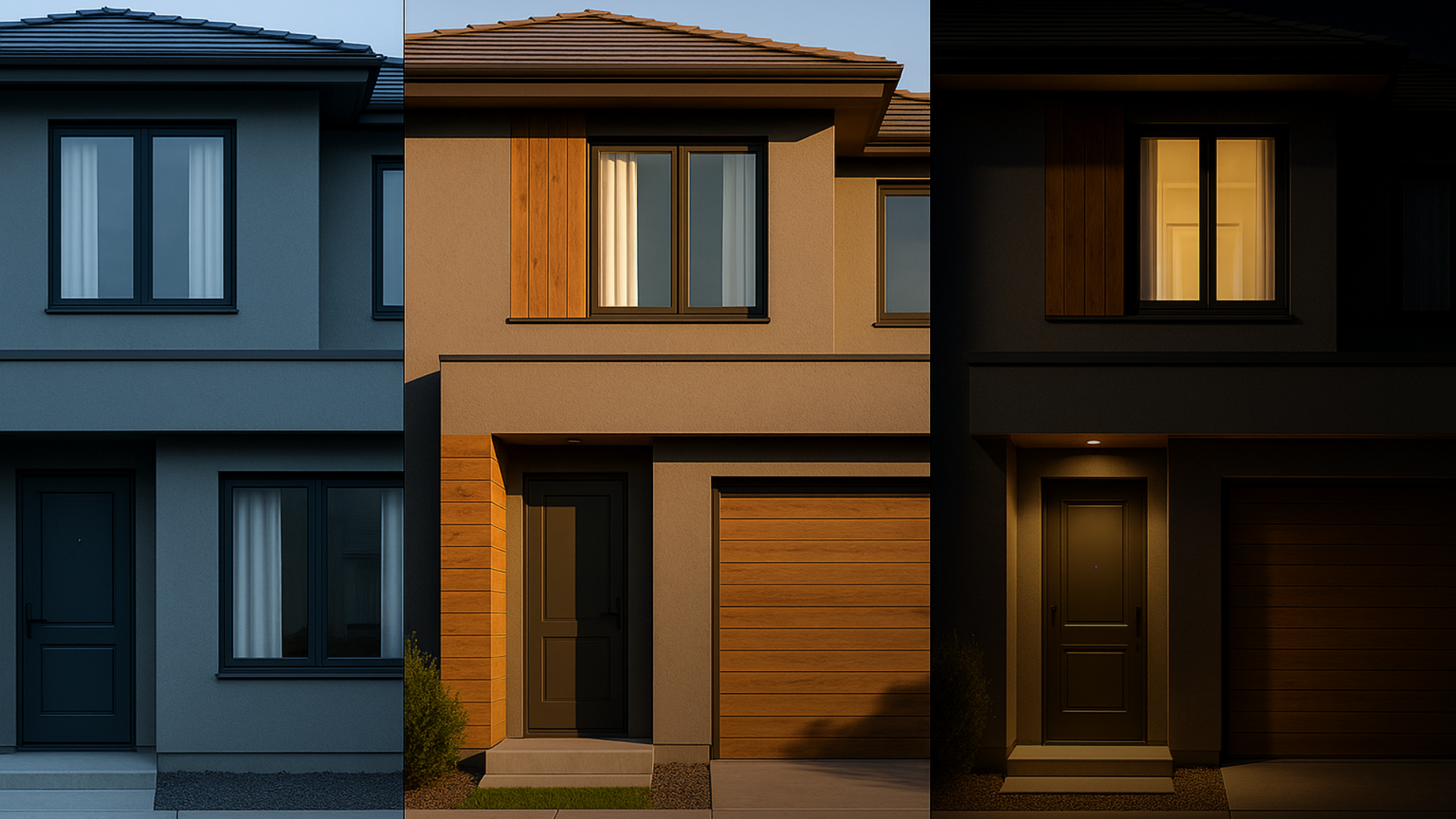 Fachada cinza comparando iluminação da manhã, tarde e noite.