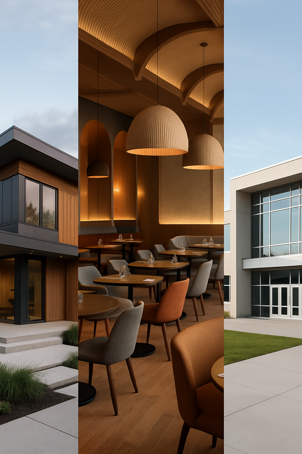 Colagem mostrando uma casa contemporânea, um restaurante moderno e um edifício institucional para ilustrar diferentes tipos de projetos de arquitetura.