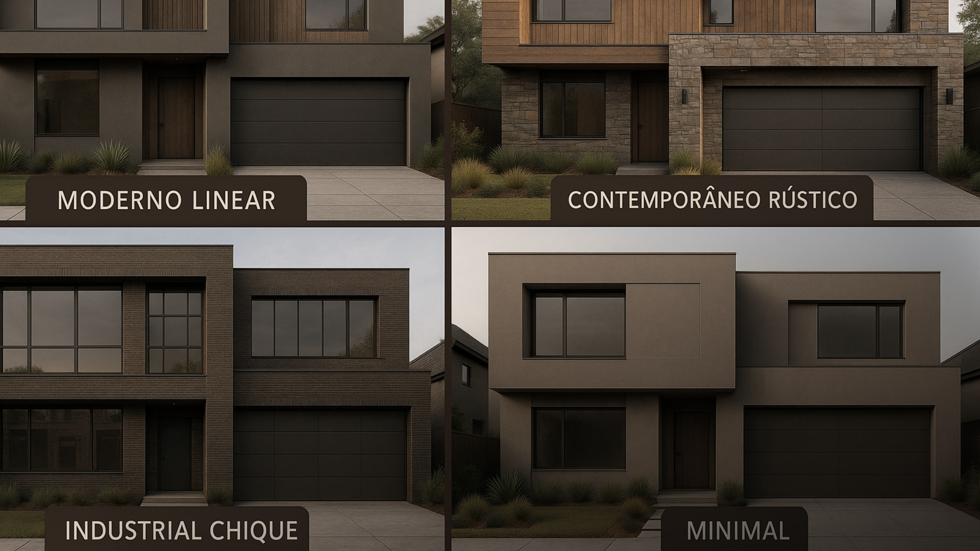 Grid com quatro estilos de fachada marrom e cinza.