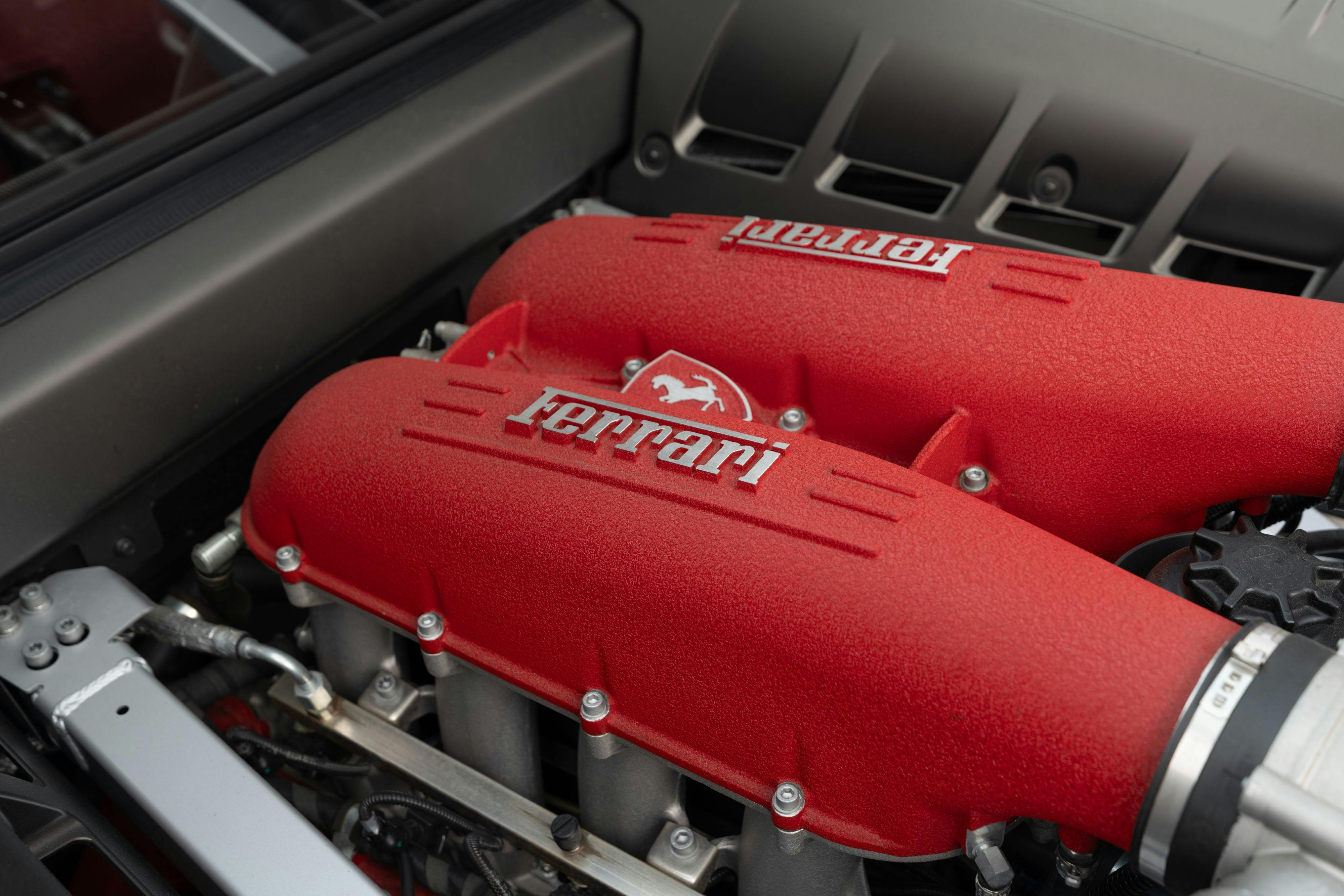 2008 Ferrari F430 engine bay in Grigio Silverstone on Black in Lakeway, TX.