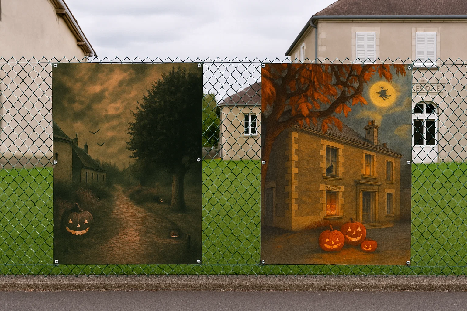 Banderoles ambiance halloween devant l'école d'un village de France