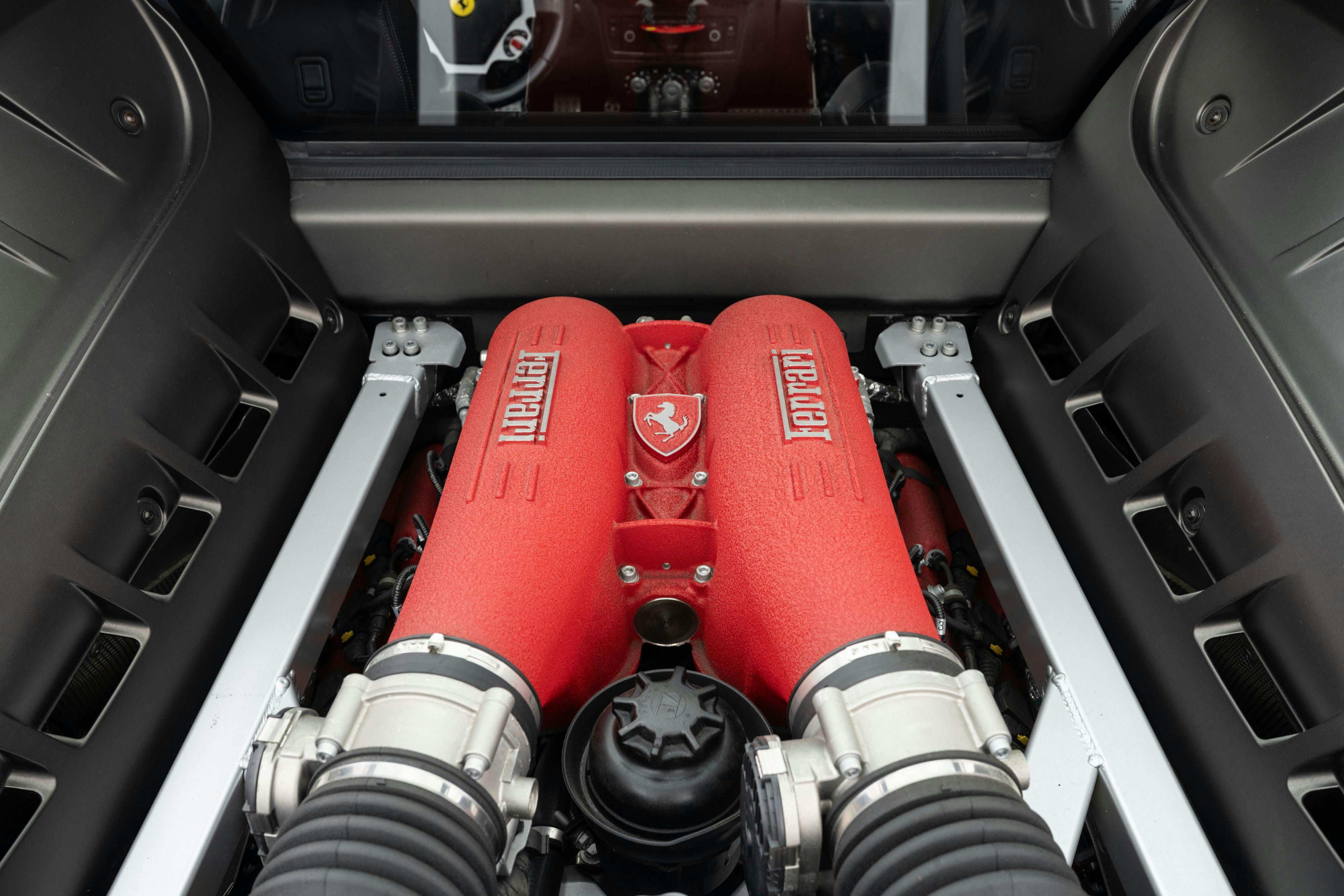 2008 Ferrari F430 engine bay in Grigio Silverstone on Black in Lakeway, TX.