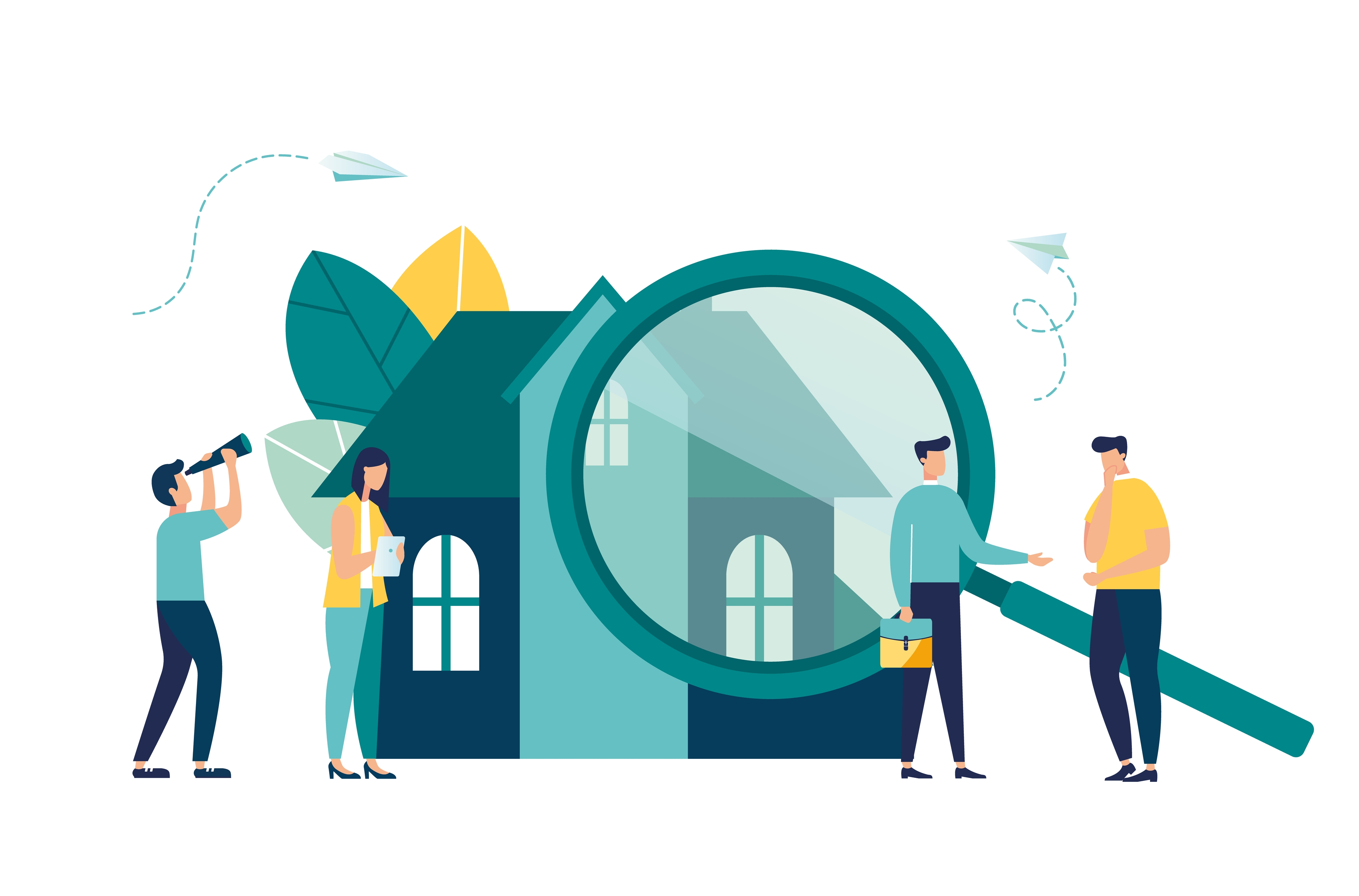 Header image - People standing around house with magnifying glass
