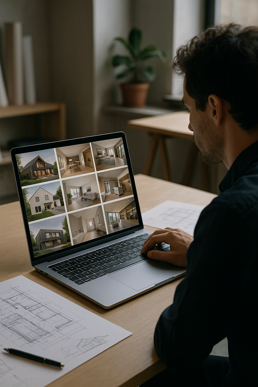 Arquiteto analisando um portfólio digital em um notebook, com miniaturas de projetos residenciais e comerciais na tela.