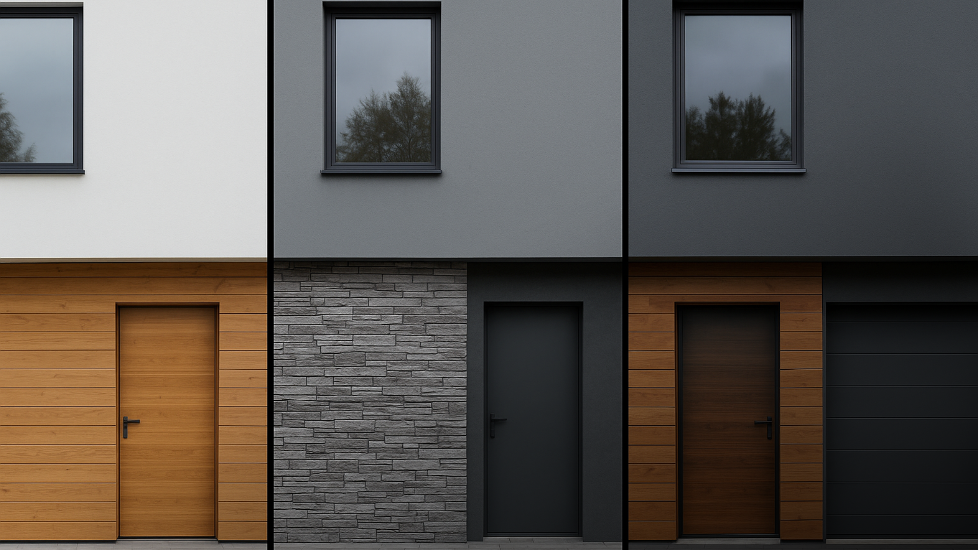 Três variações de fachadas modernas em tons de cinza para inspiração.