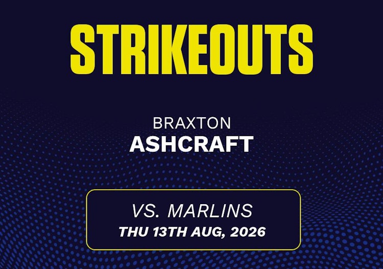 Braxton Ashcraft projected stats for Thursday, August 13, 2026.