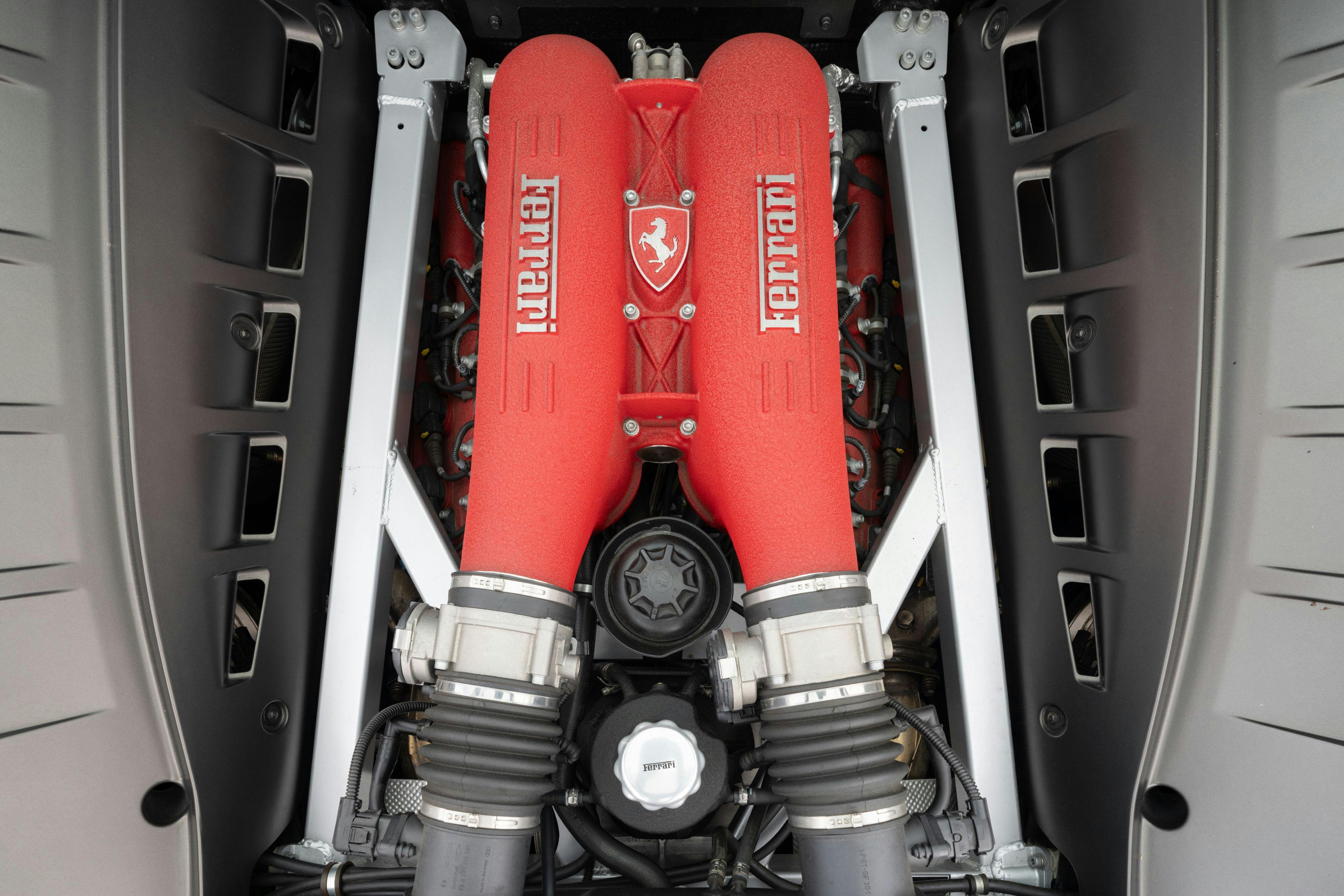 2008 Ferrari F430 engine bay in Grigio Silverstone on Black in Lakeway, TX.