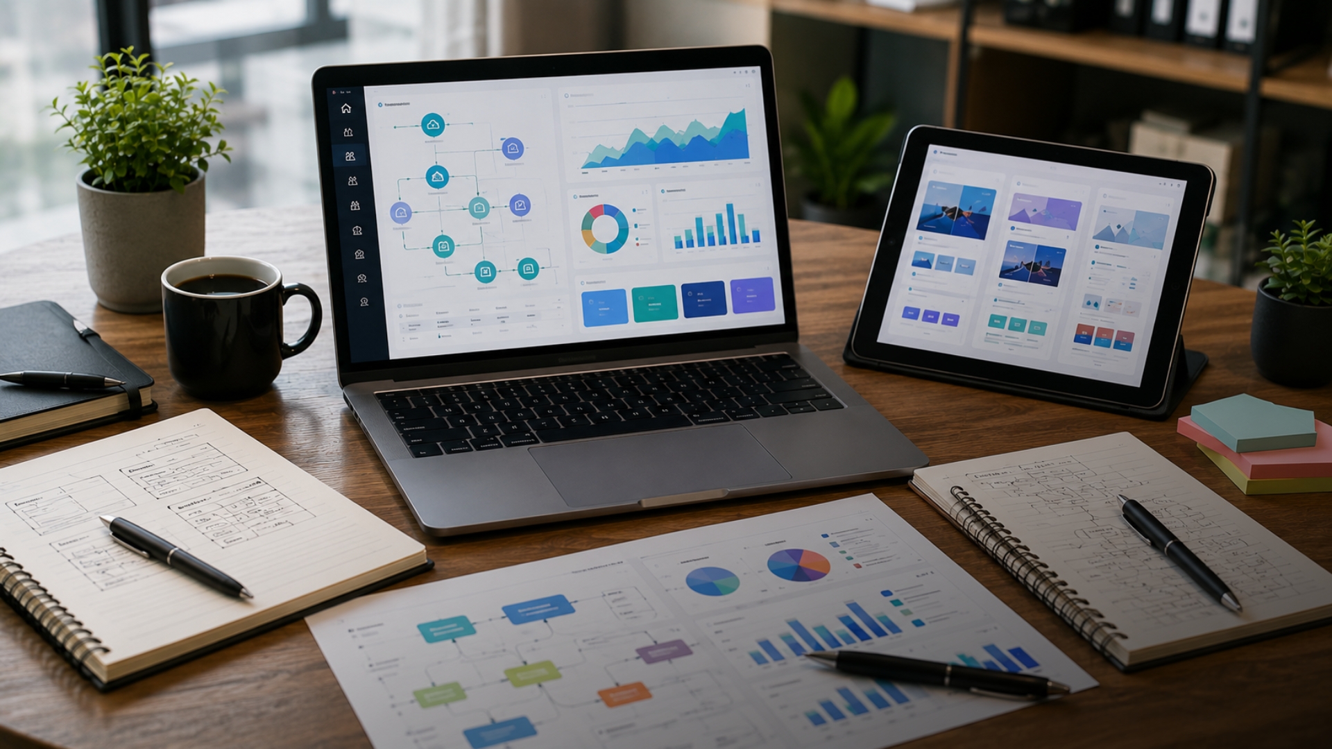Equipe analisando transformação digital com dashboards, sistemas, site profissional e campanhas de tráfego integradas