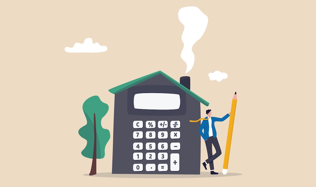Header image - Man leaning against house with calculator