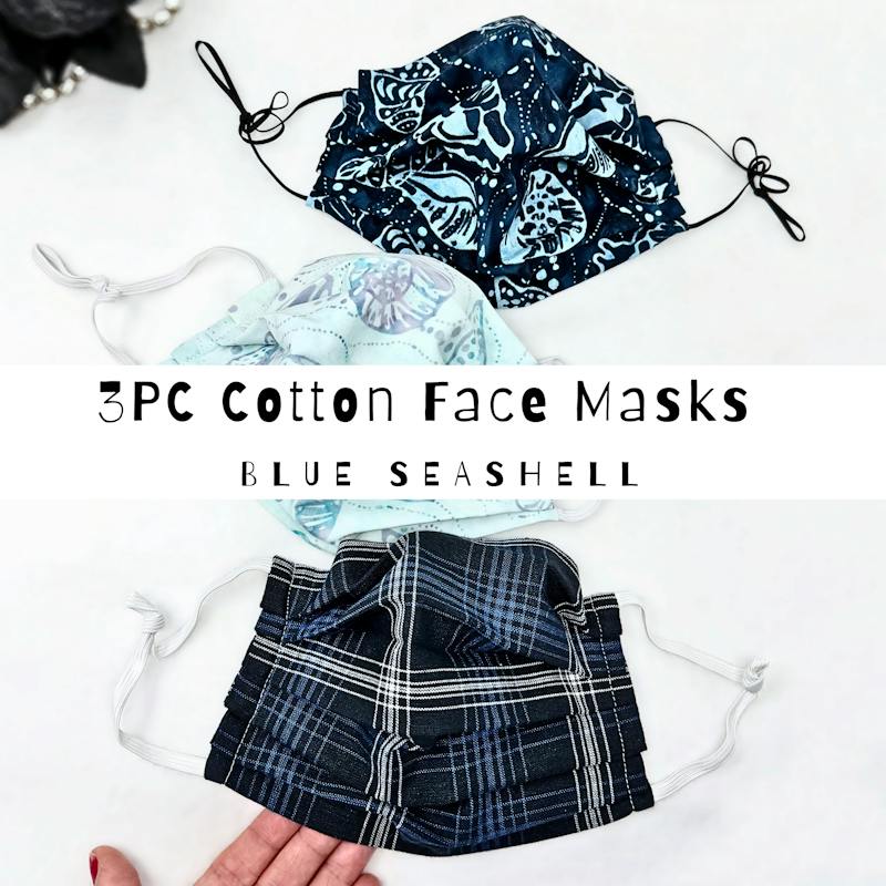 3PC Face Masks, Blue 100% Cotton