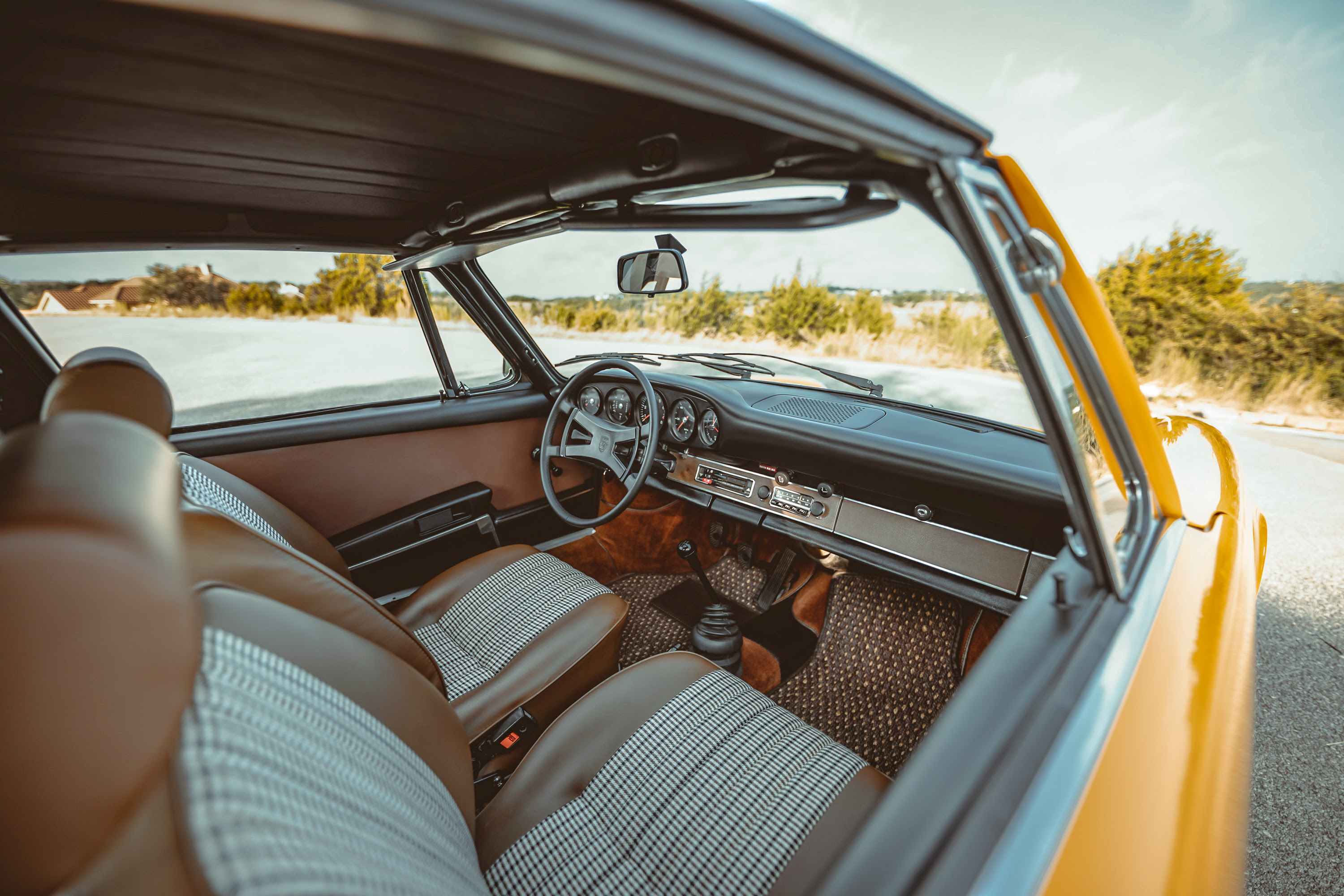 Signal Yellow 911S Targa with brown leather interior