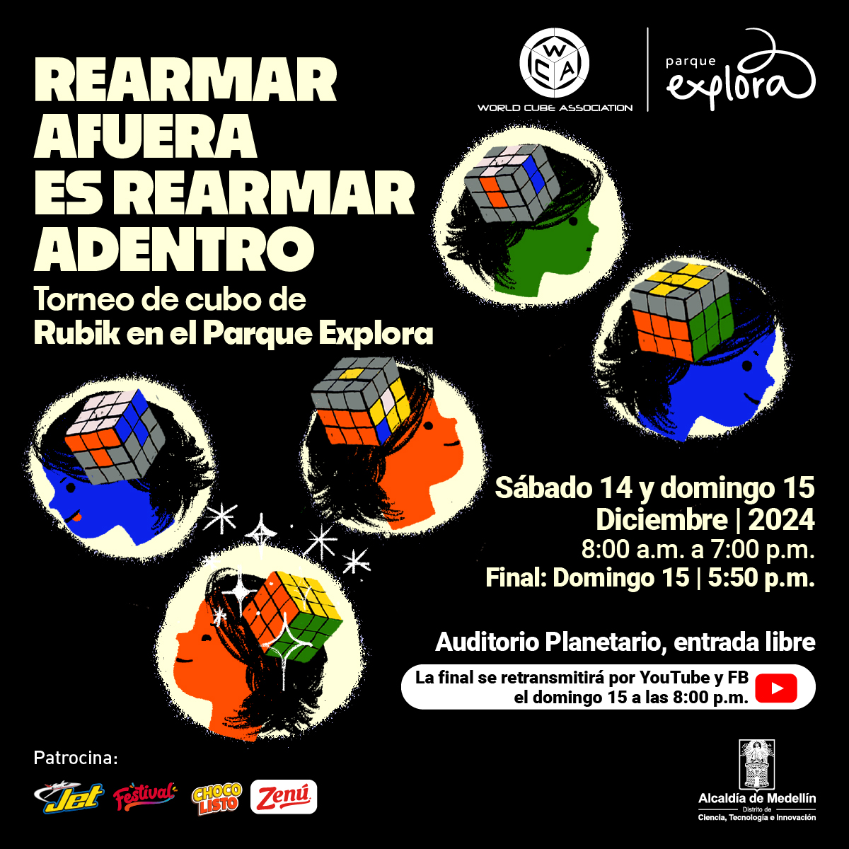 Ilustración. Sobre un fondo negro, en esfertas hay cabezas de niñas y niños con un cubo de rubik en la cabeza.