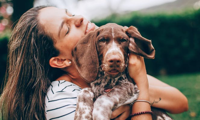 Woman holding Pointer puppy in the park.