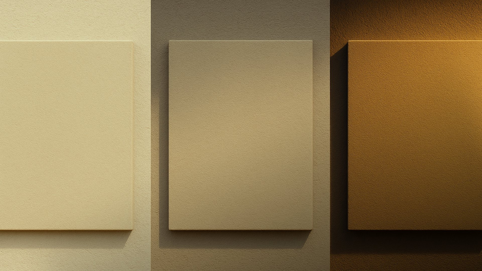 Amostras de três tons de bege na fachada sob manhã, 15h e noite com luz quente.