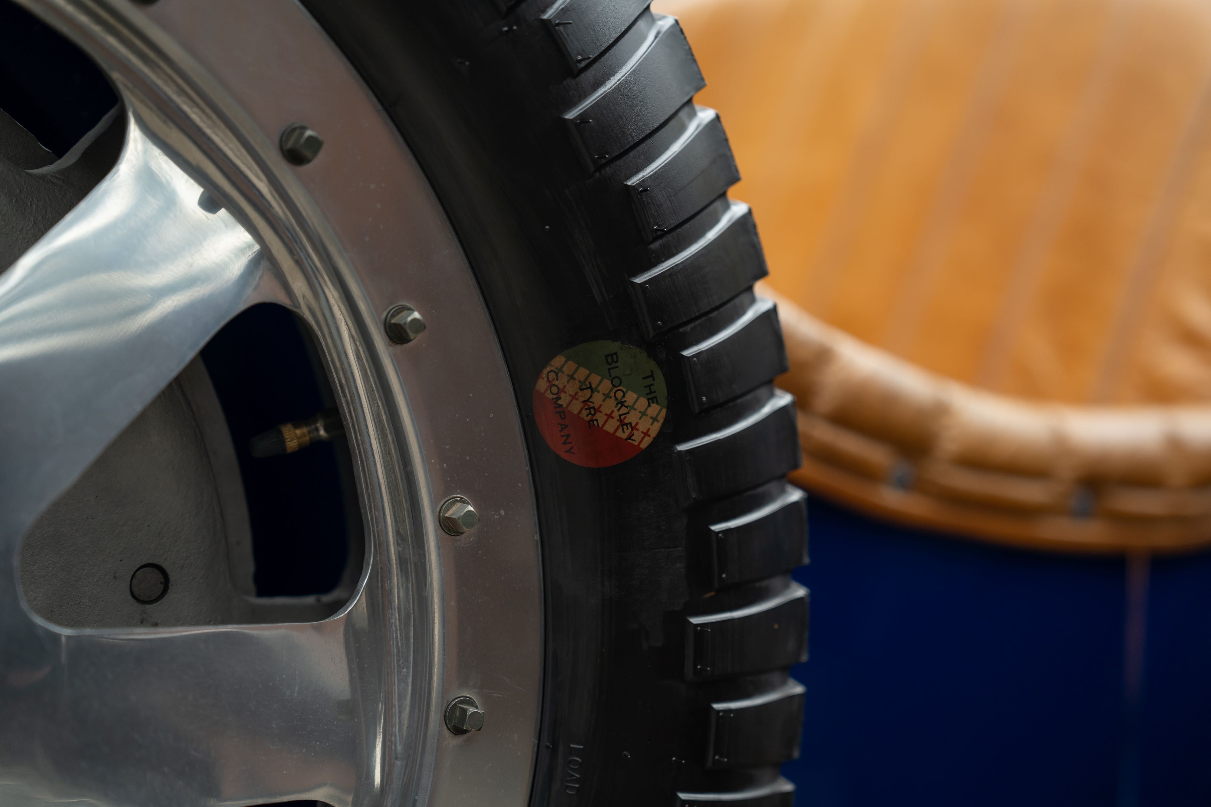 Spare tire on a Pur Sang Bugatti Type 35 in Blue over Brown shot in Austin, TX.