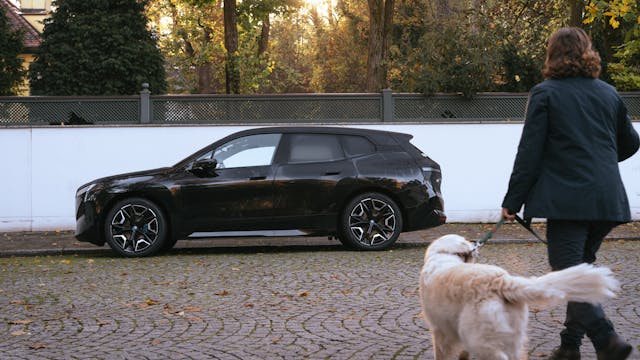 Ein BMW iX parkt am Straßenrand.