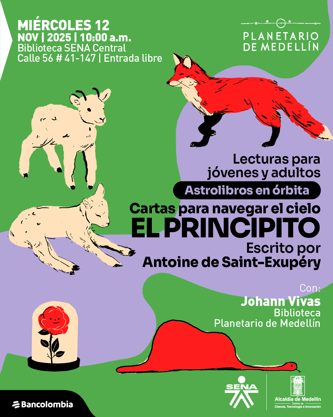 Afiche ilustrado. Sobre un fondo verde con formas irregulares moradas y verdes se observan tres dibujos de animales: dos corderos de color crema con patas negras y una zorra anaranjada con patas y orejas negras. En la parte inferior hay una flor roja bajo una cúpula transparente y, a su lado, una silueta roja que representa una serpiente que ha devorado un elefante. El texto dice: "Miércoles doce de noviembre de dos mil veinticinco a las diez de la mañana. Biblioteca Sena Central. Calle cincuenta y seis número cuarenta y uno guion ciento cuarenta y siete. Entrada libre. Lecturas para jóvenes y adultos. Astrolibros en órbita. Cartas para navegar el cielo. El principito. Escrito por Antoine de Saint-Exupéry. Con Johann Vivas. Biblioteca Planetario de Medellín".