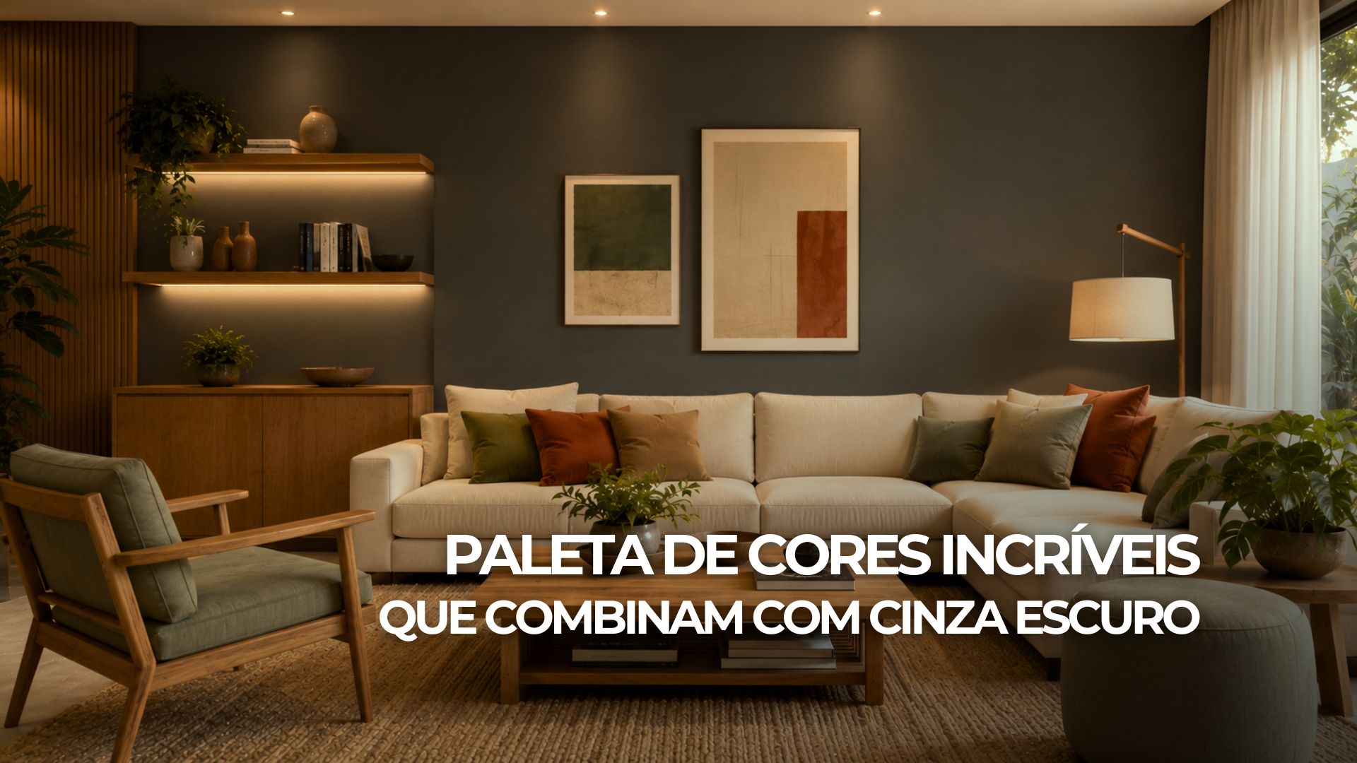 Sala contemporânea com parede cinza escuro, sofá claro, madeira natural e detalhes em verde sálvia e terracota.