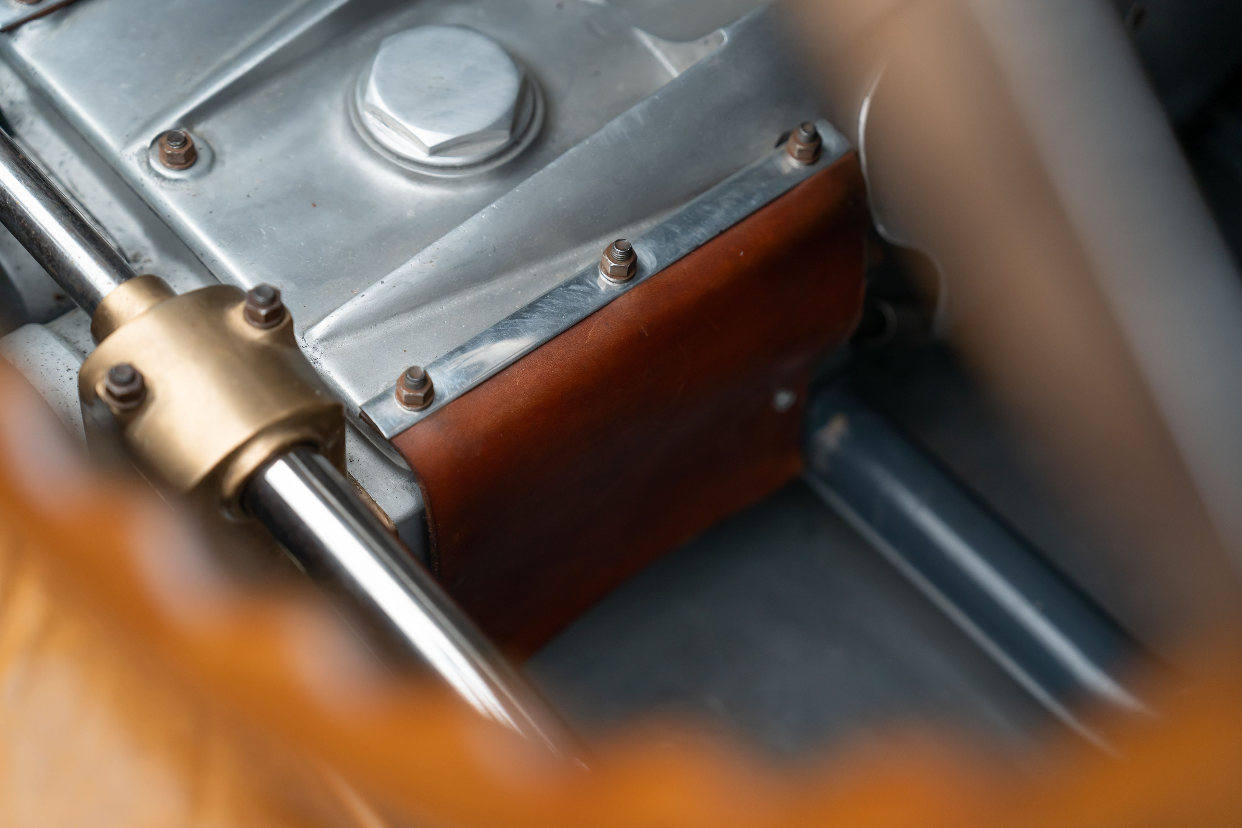 Interior of a Pur Sang Bugatti Type 35 in Blue over Brown shot in Austin, TX.