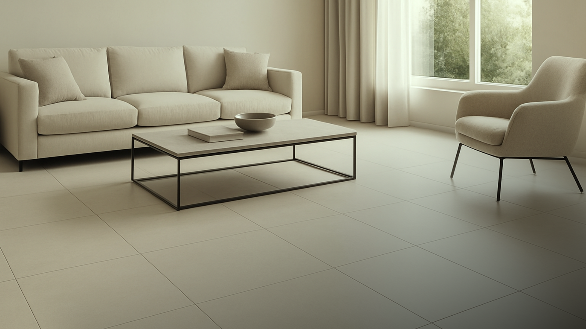 Piso grande formato assentado reto, com rejunte mínimo e paginação alinhada