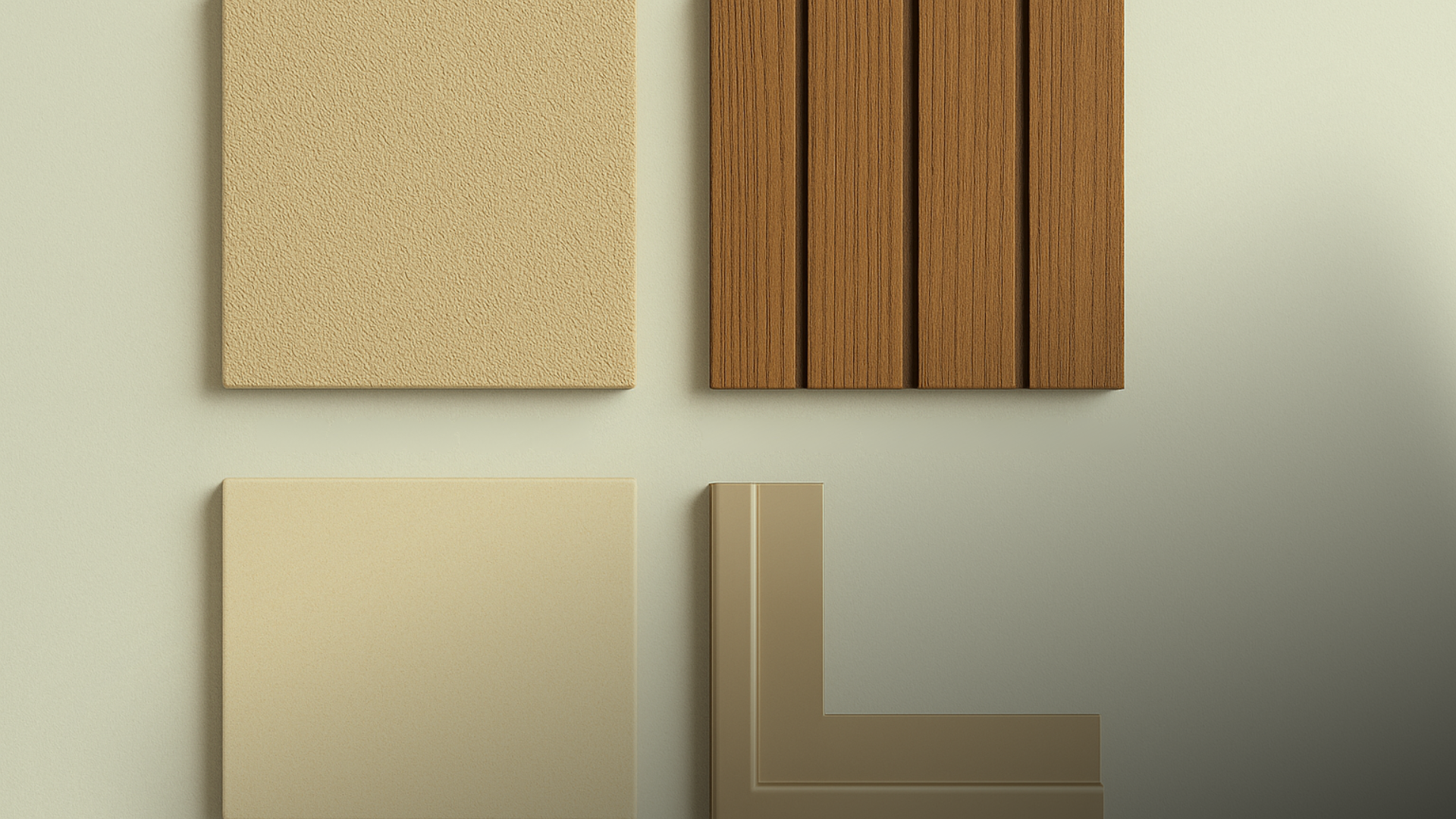Prancha de materiais com textura acrílica fina, madeira termo-tratada, pedra clara e perfil champagne.