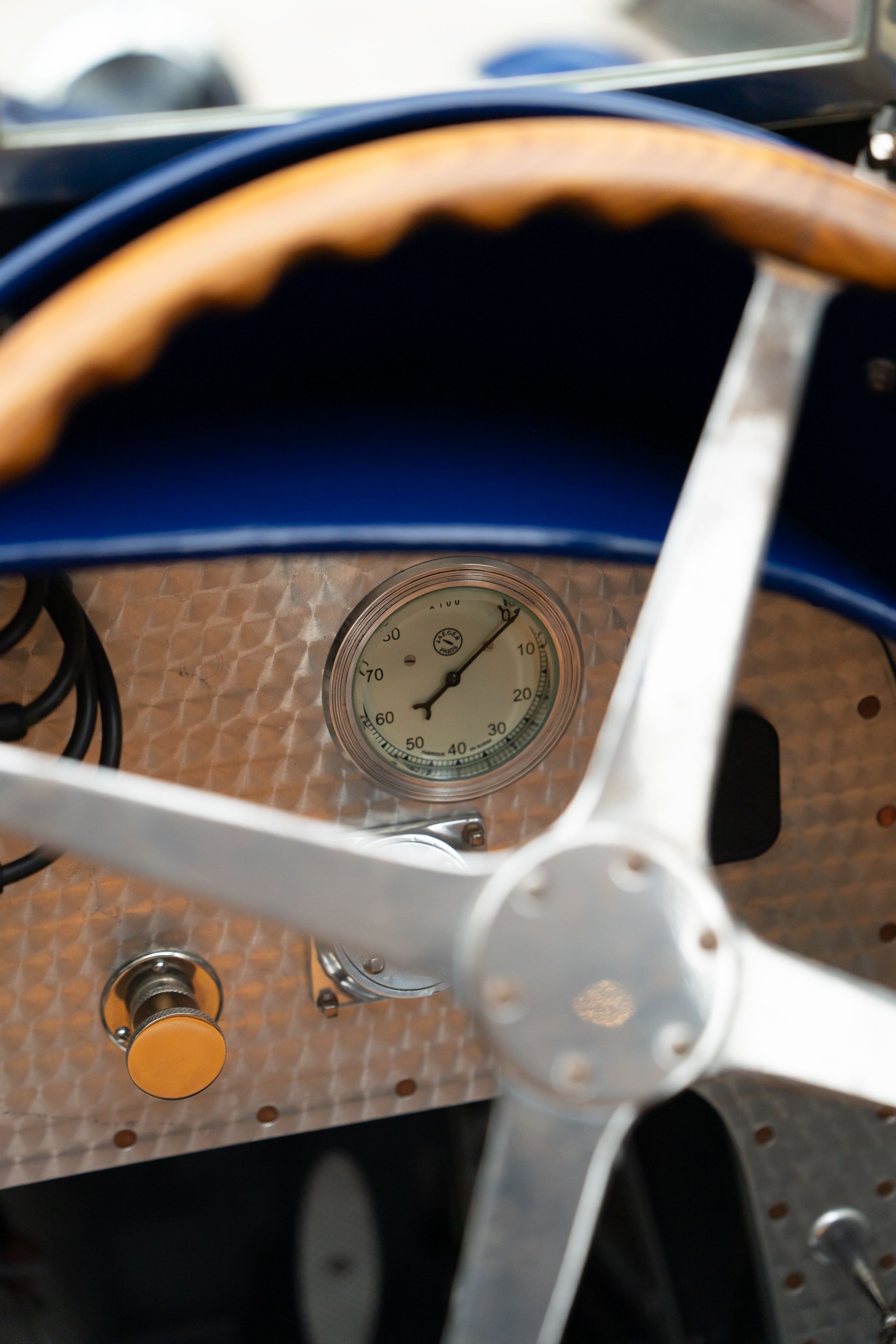 Gauges on a Pur Sang Bugatti Type 35 in Blue over Brown shot in Austin, TX.