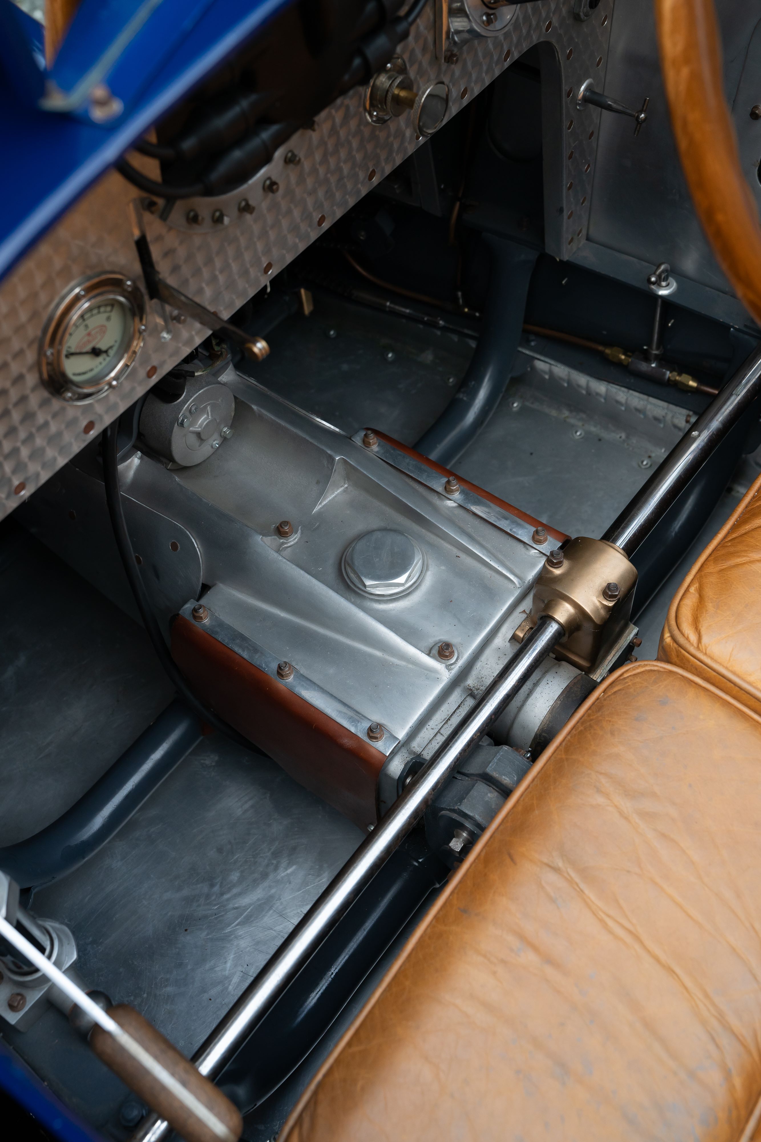 Interior of a Pur Sang Bugatti Type 35 in Blue over Brown shot in Austin, TX.