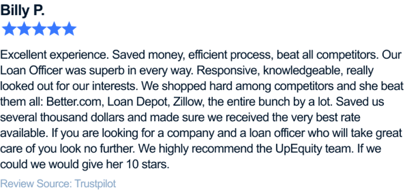 Excellent experience. Saved money, efficient process, beat all competitors. Sandra Zuniga our Loan Officer was superb in every way. Responsive, knowledgeable, really looked out for our interests. We shopped hard among competitors and she beat them all: Better.com, Loan Depot, Zillo, the entire bunch by a lot. She made the process more 