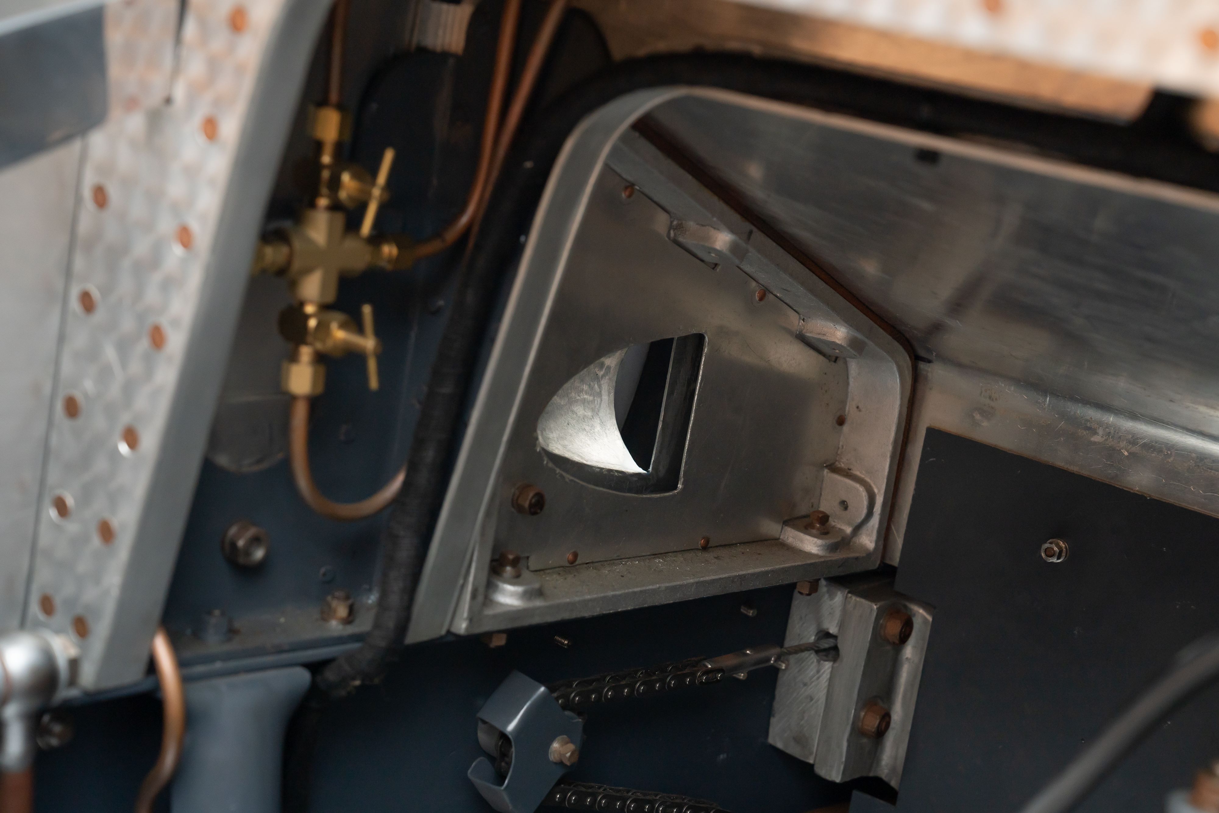 Interior of a Pur Sang Bugatti Type 35 in Blue over Brown shot in Austin, TX.