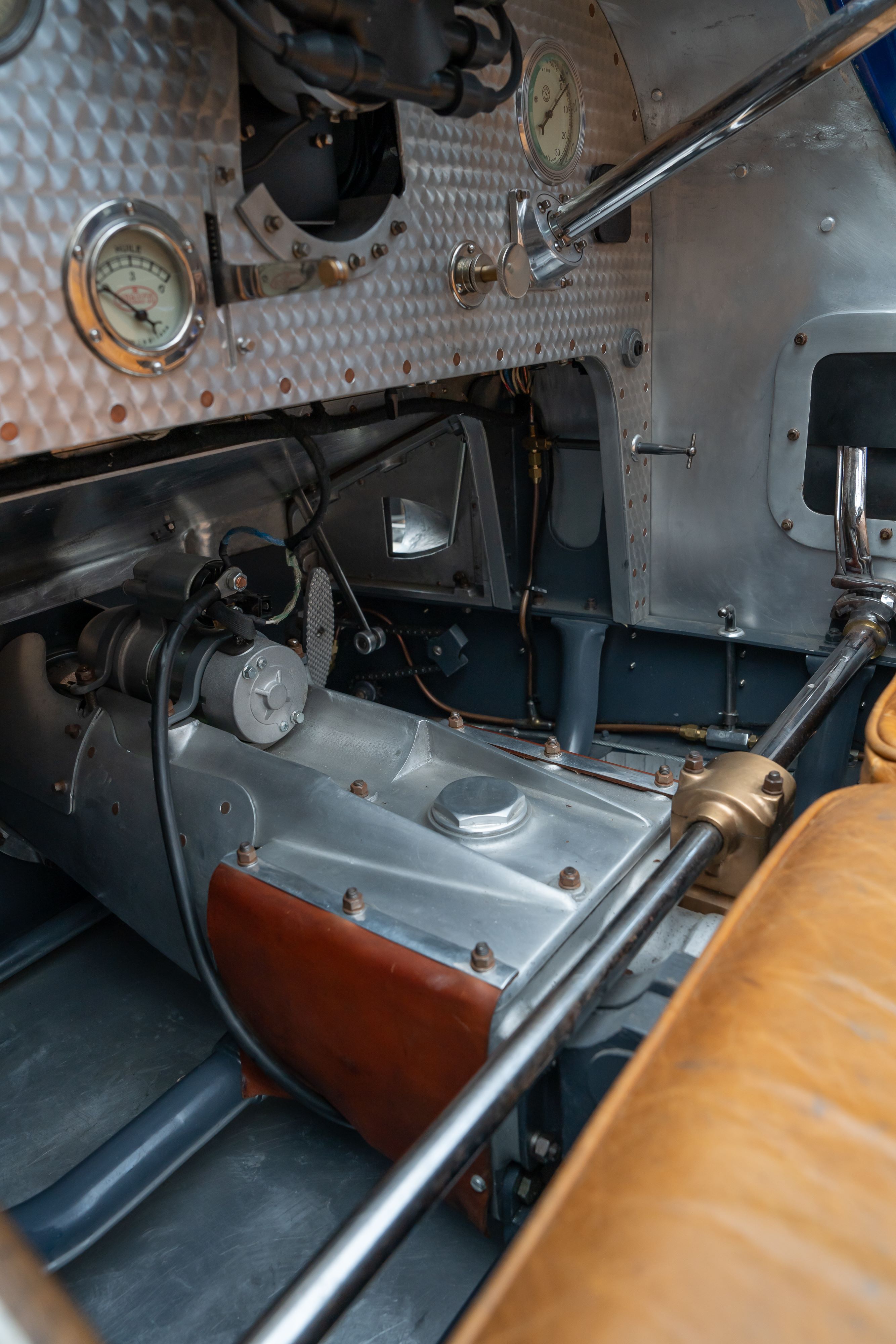 Interior of a Pur Sang Bugatti Type 35 in Blue over Brown shot in Austin, TX.