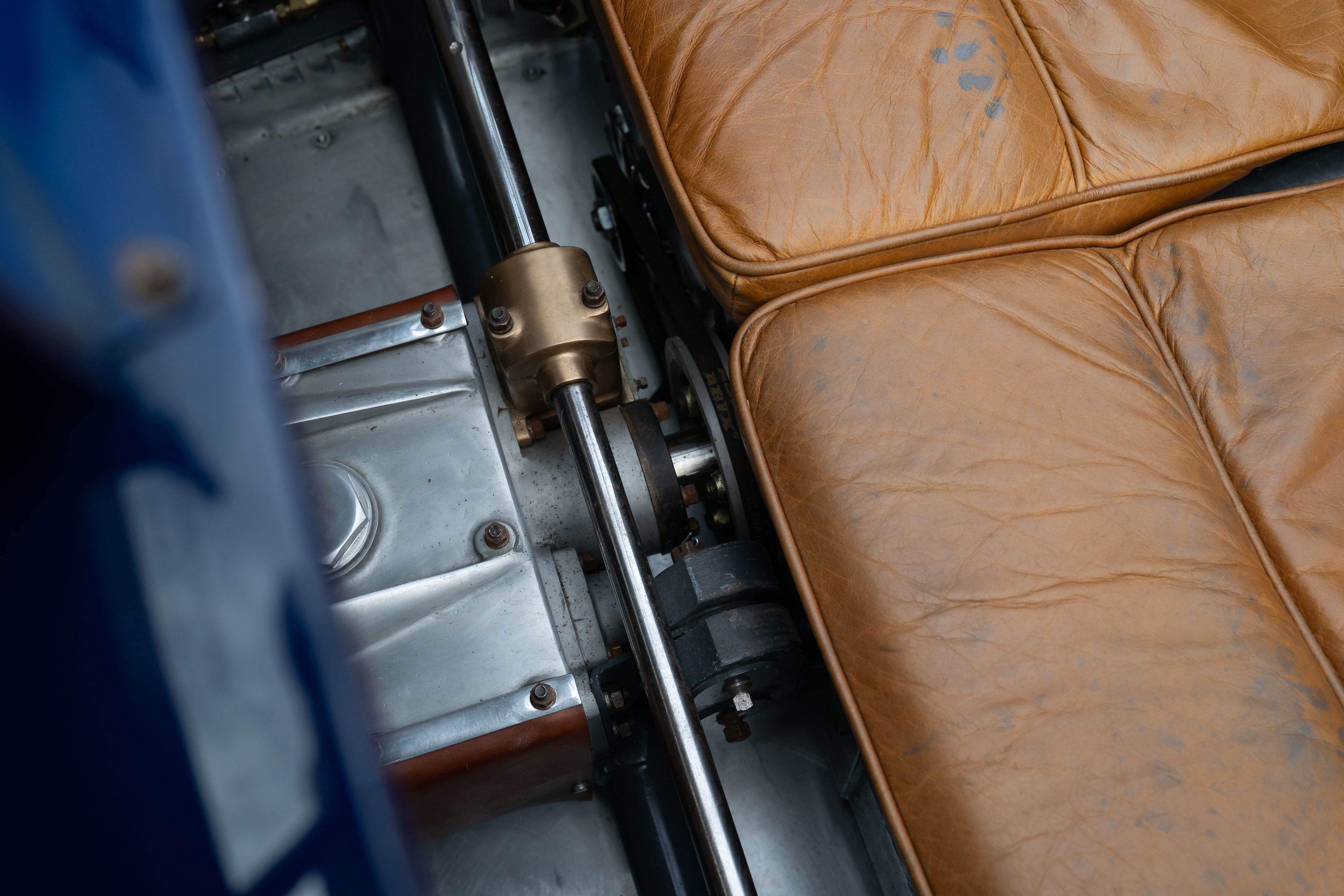 Interior of a Pur Sang Bugatti Type 35 in Blue over Brown shot in Austin, TX.